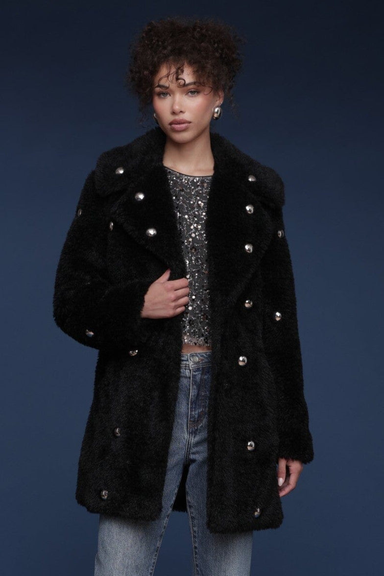 Studded faux fur wrap black coat with plush texture and belted waist - Shop cute women's coats by Avec Les Filles