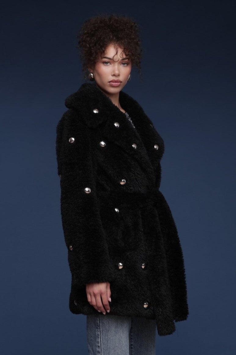 Studded faux fur wrap black coat with plush texture and belted waist - Shop cute women's coats by Avec Les Filles