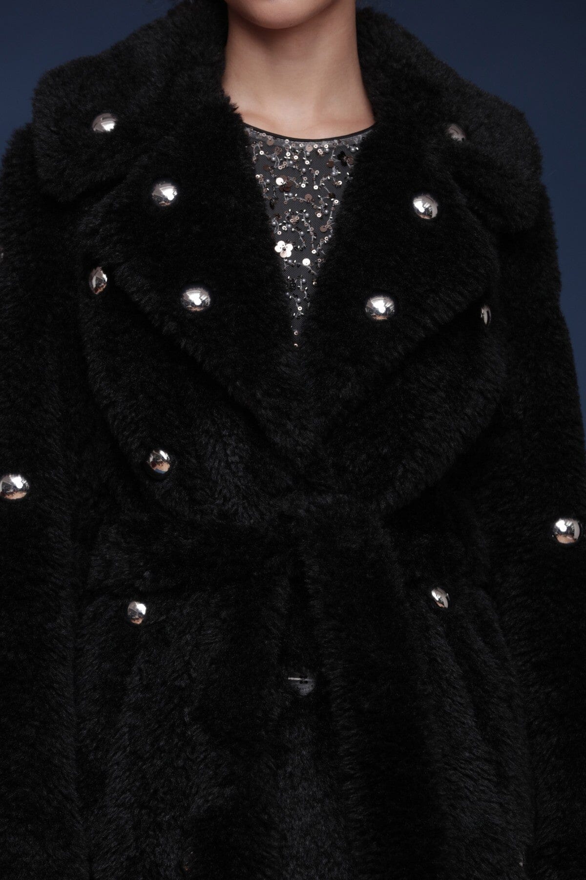 Belted, Studded Faux Fur Black Coat