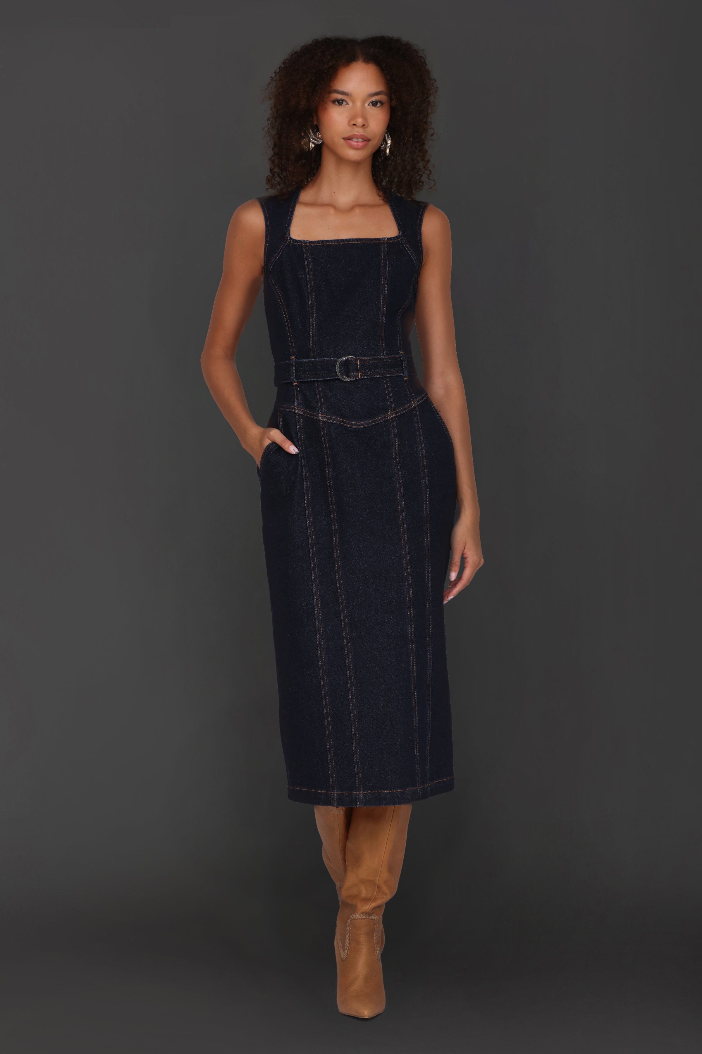 Tailored Denim Belted Midi Dress Dresses Avec Les Filles 