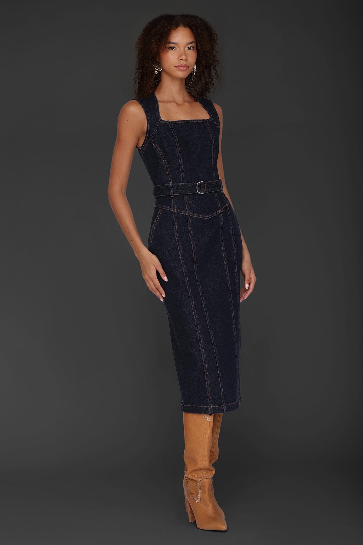 Tailored Denim Belted Midi Dress Dresses Avec Les Filles 