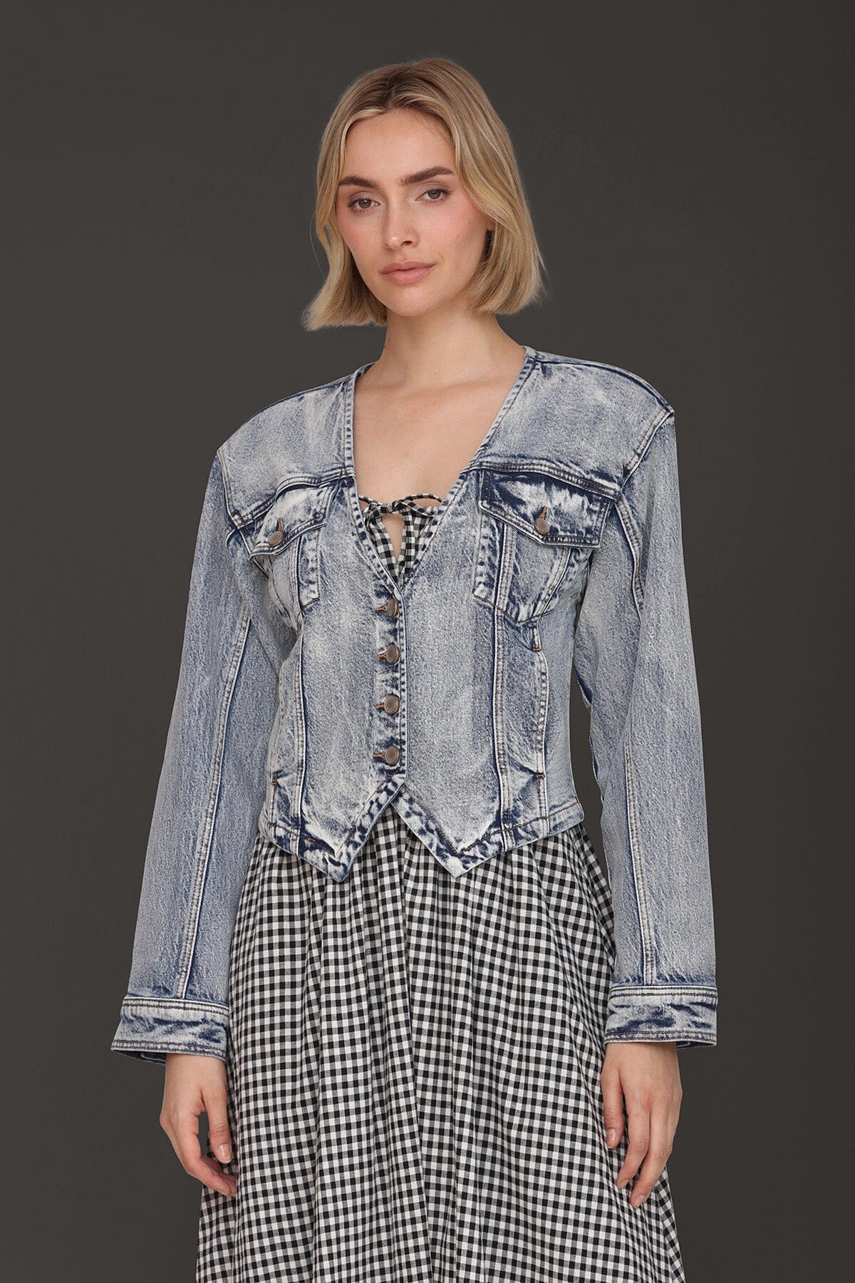 Acid wash cutaway button front denim jacket made from cotton blend with V-neckline and long sleeves - Cute women's denim jackets by Avec Les Filles