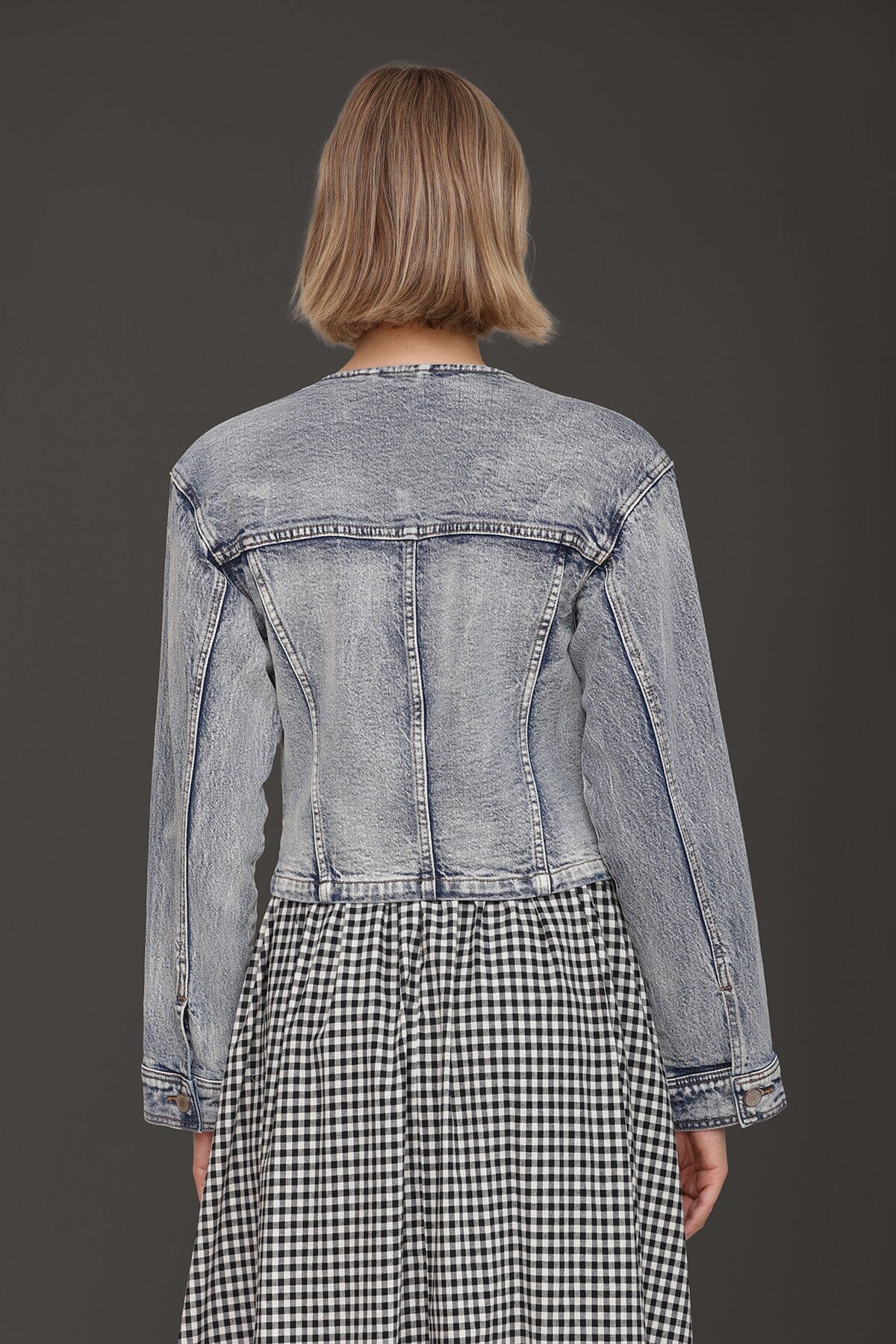 Acid wash cutaway button front denim jacket made from cotton blend with V-neckline and long sleeves - Cute women's denim jackets by Avec Les Filles