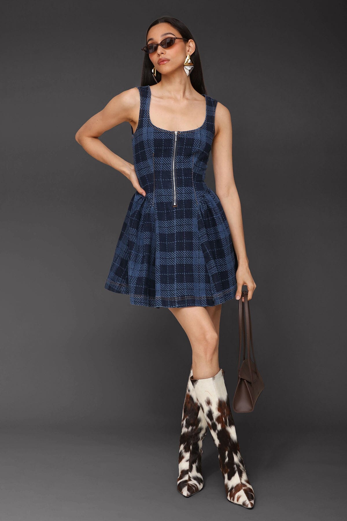 Zip-front royal blue plaid cotton denim mini dress with a scoop neckline and sleeveless - Cute women's mini dresses by Avec Les Filles