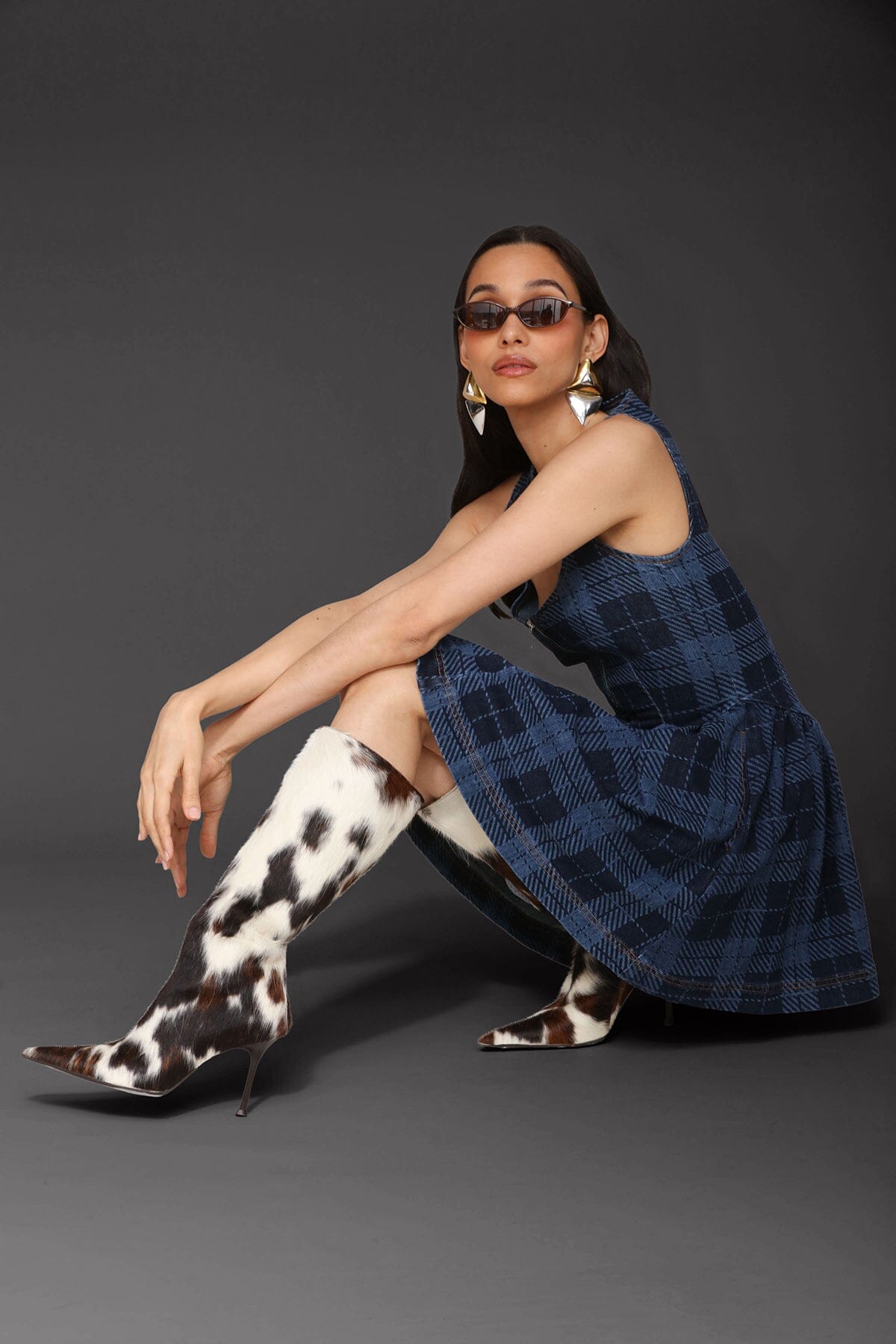 Zip-front royal blue plaid cotton denim mini dress with a scoop neckline and sleeveless - Cute women's mini dresses by Avec Les Filles