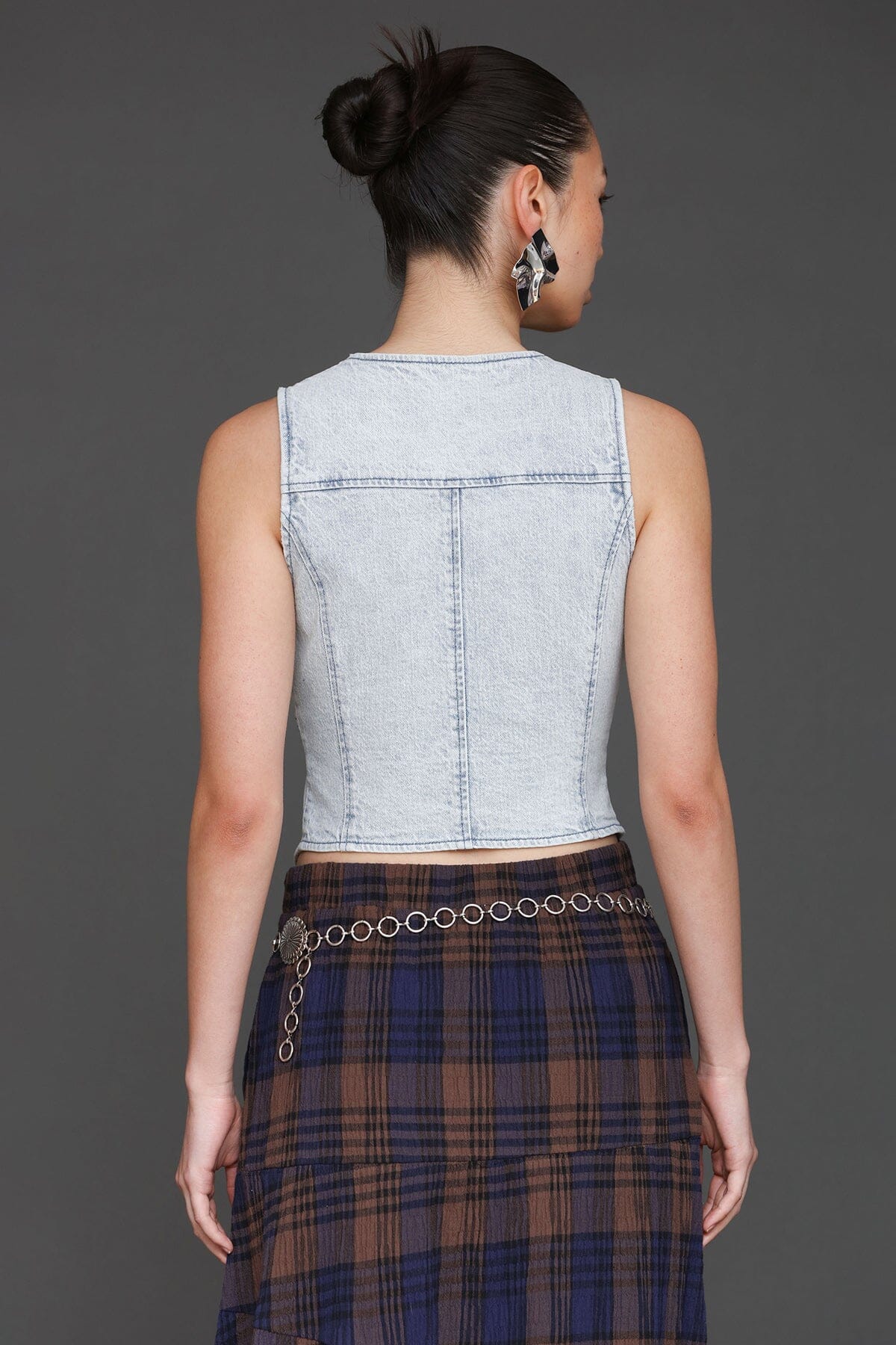 Light blue cotton blend denim corset vest top with V-neckline, sleeveless and button-front closure - Cute women's vest tops by Avec Les Filles