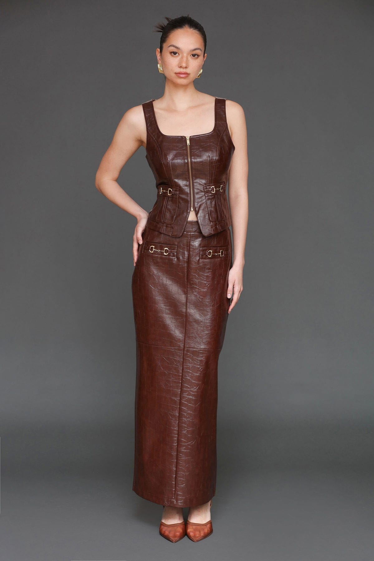 Equestrian faux croc chocolate brown high-rise maxi skirt - Cute women's maxi skirts by Avec Les Filles