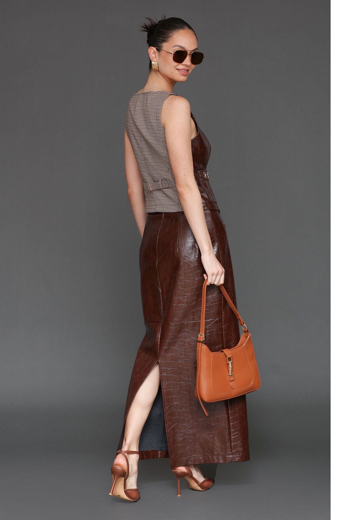 Equestrian faux croc chocolate brown high-rise maxi skirt - Cute women's maxi skirts by Avec Les Filles
