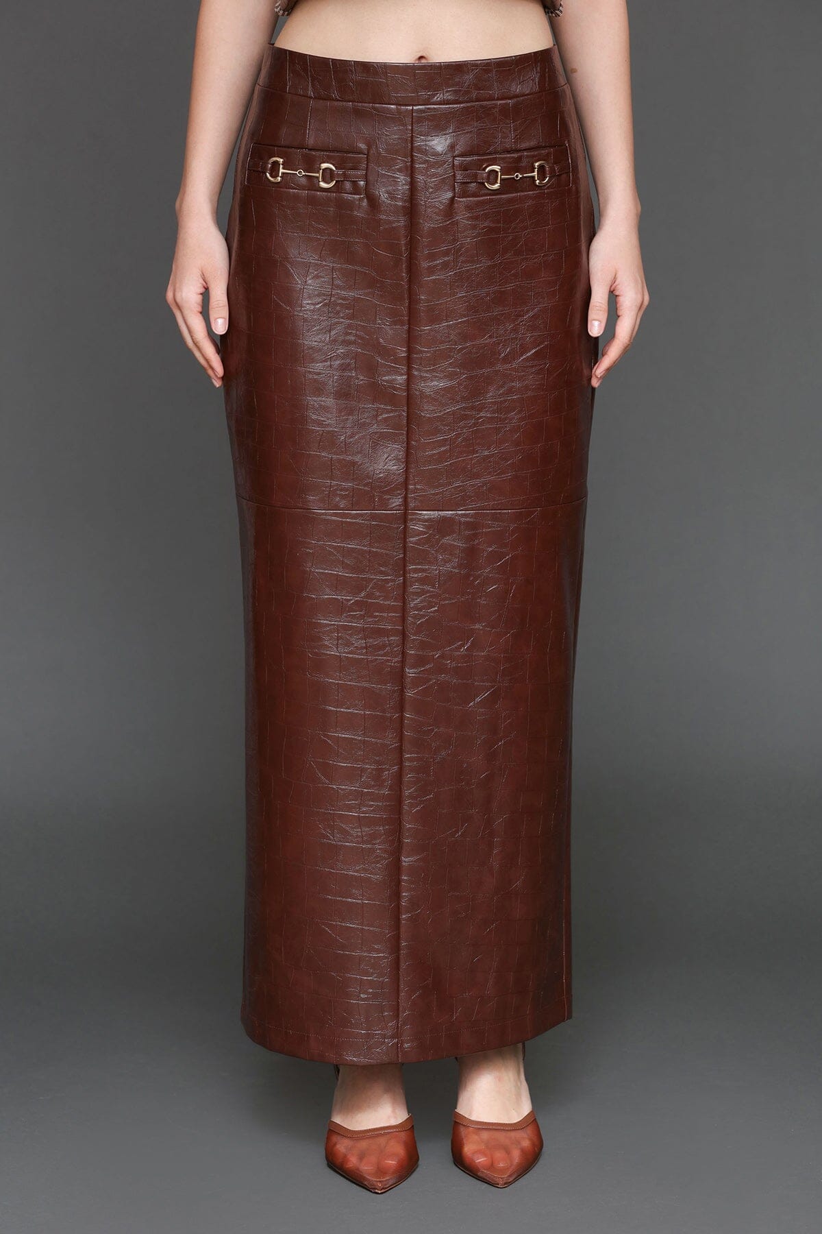 Equestrian faux croc chocolate brown high-rise maxi skirt - Cute women's maxi skirts by Avec Les Filles