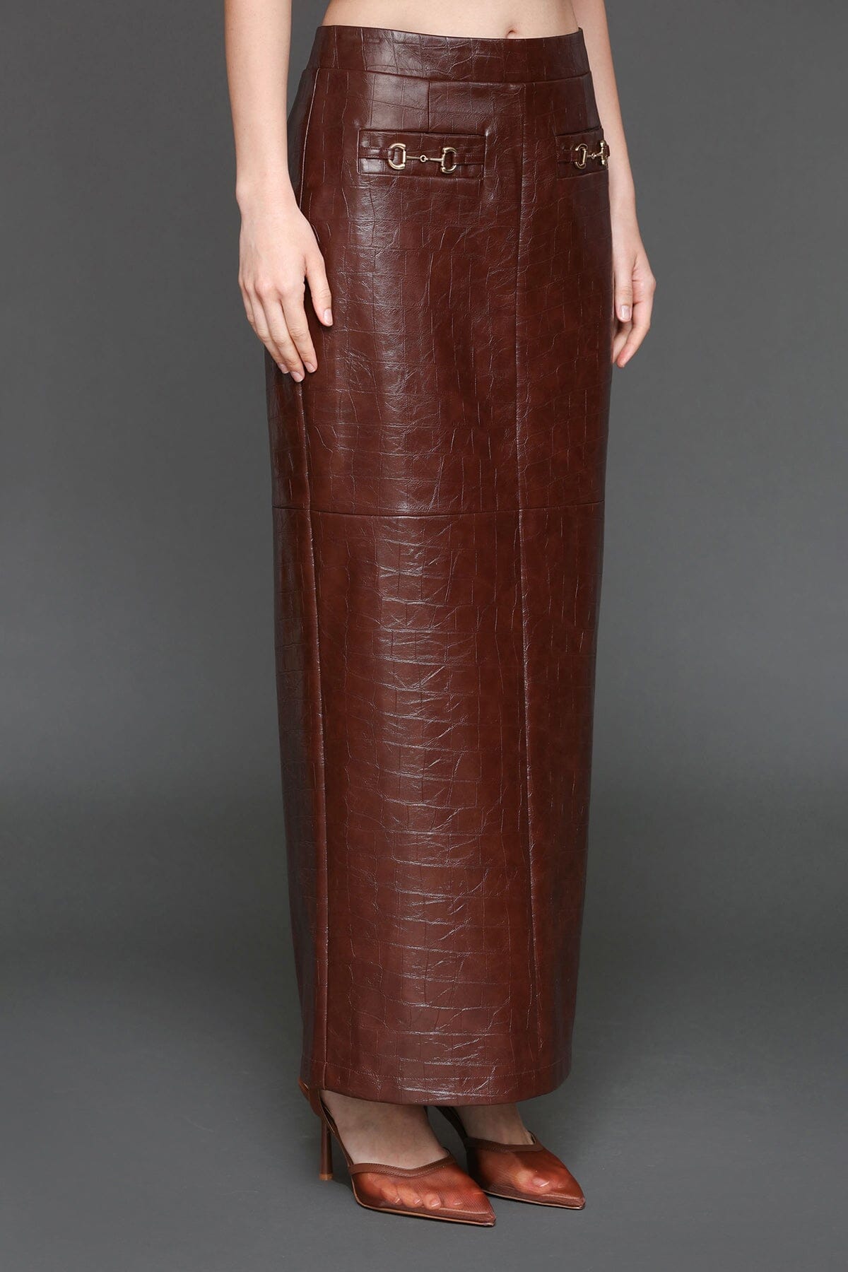 Equestrian faux croc chocolate brown high-rise maxi skirt - Cute women's maxi skirts by Avec Les Filles