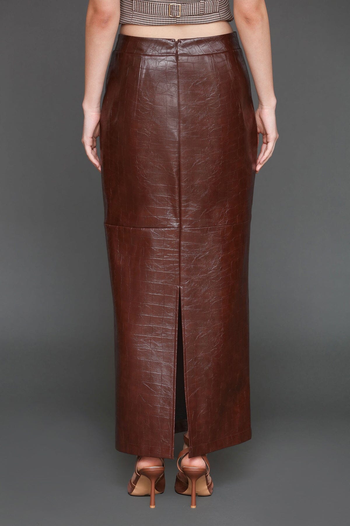 Equestrian faux croc chocolate brown high-rise maxi skirt - Cute women's maxi skirts by Avec Les Filles