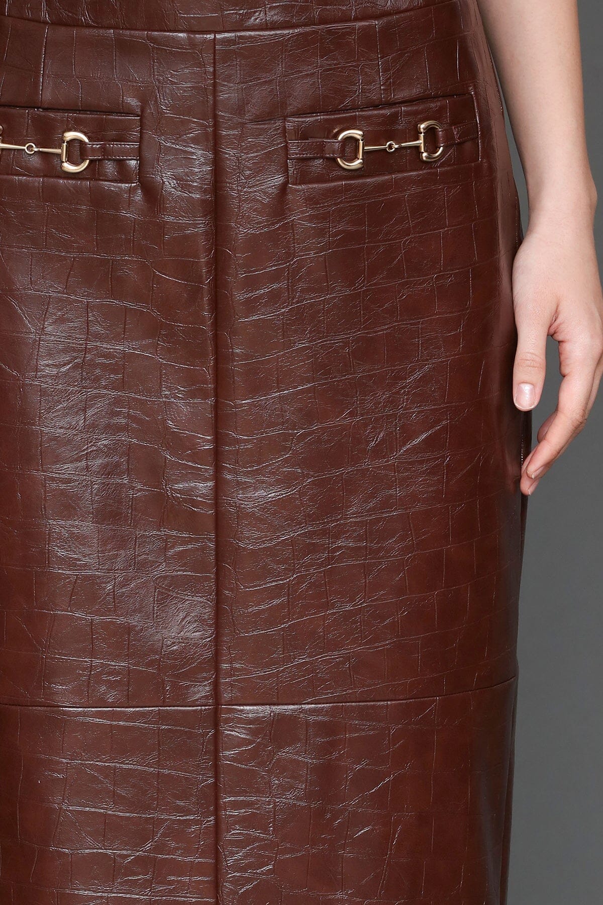 Equestrian faux croc chocolate brown High-rise maxi skirt - Cute women's maxi skirts by Avec Les Filles