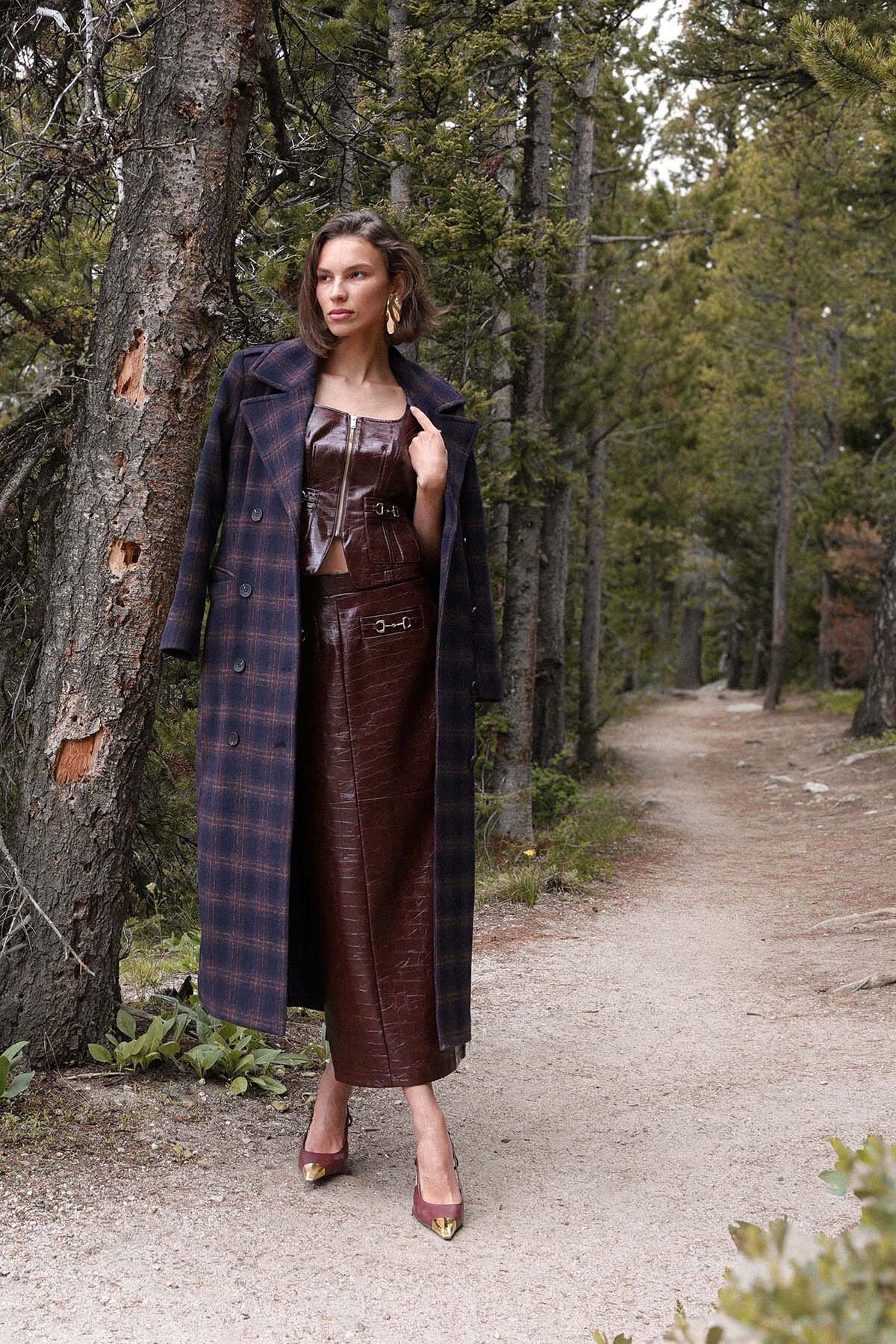 Equestrian faux croc chocolate brown High-rise maxi skirt - Cute women's maxi skirts by Avec Les Filles