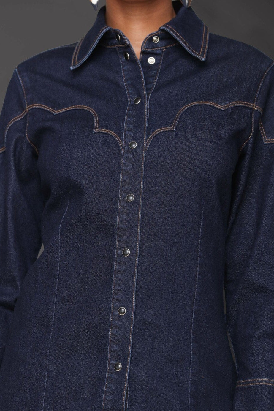 Western cotton blend denim tailored indigo blue shirt with a point collar and snap buttons - Cute women's shirts by Avec Les Filles