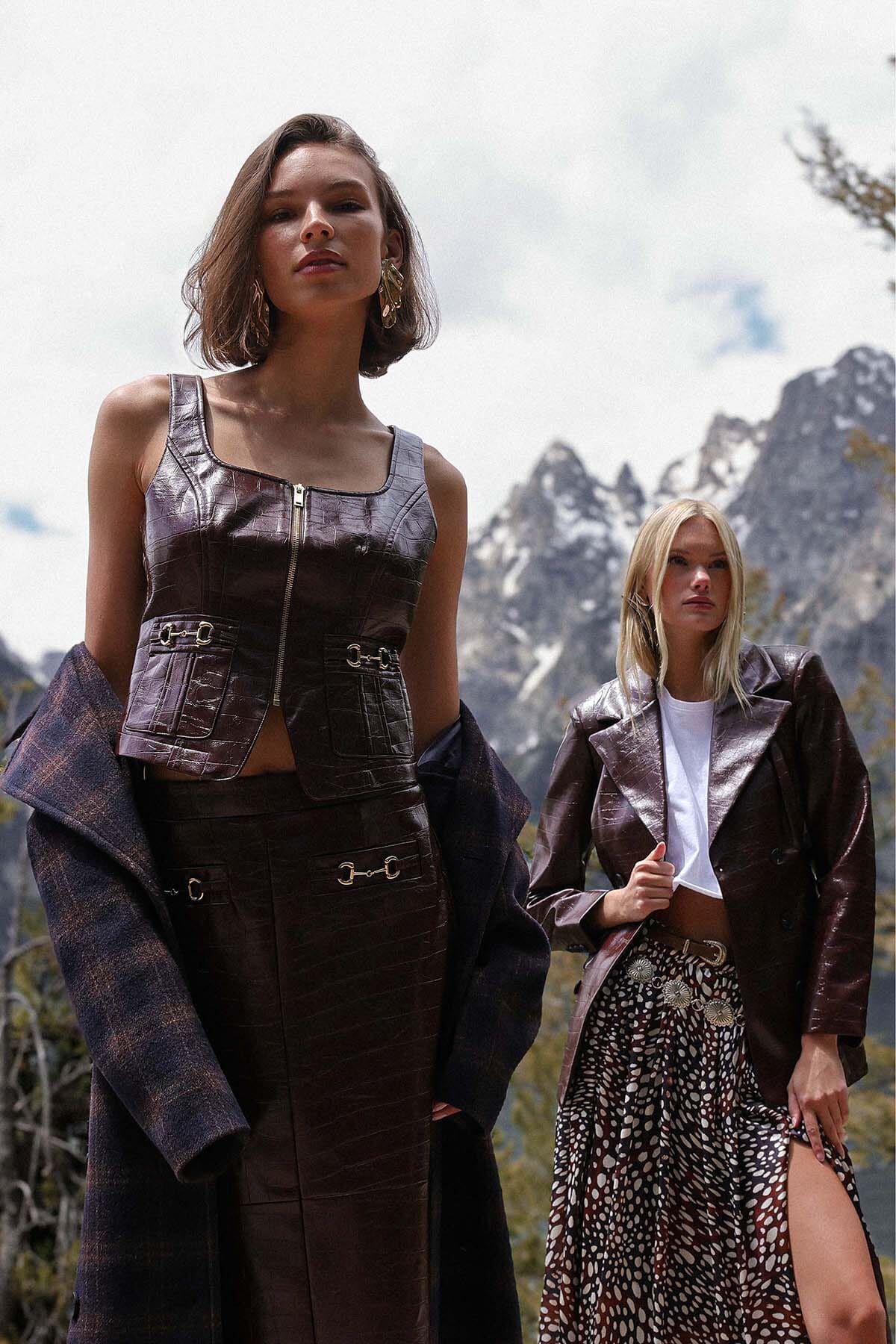 Equestrian faux croc chocolate brown button-down vest top with scoop neckline and plaid fabric back - Cute women's tops by Avec Les Filles