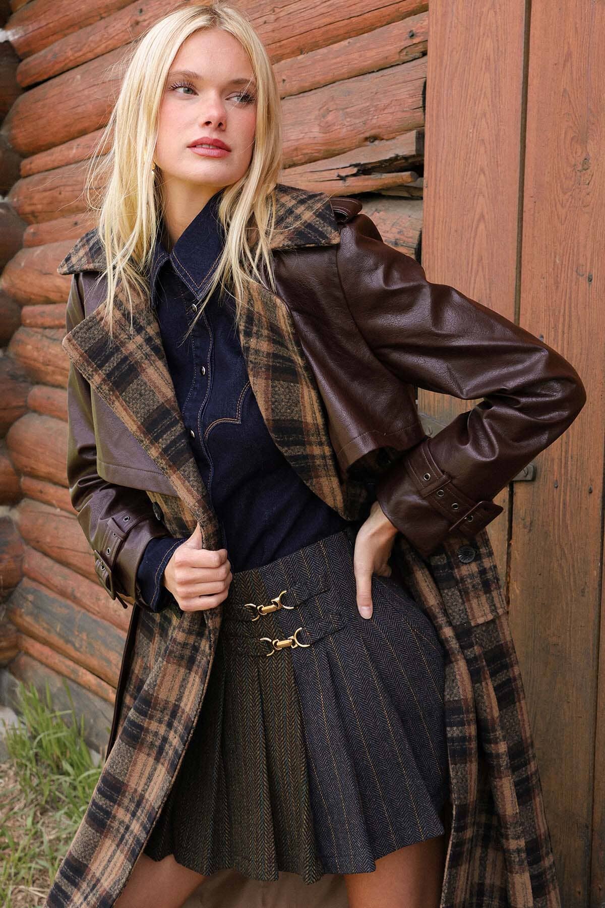 Mixed brown navy multi-pattern pleated mini skirt with knife pleats and side buckle - Cute women's mini skirts by Avec Les Filles