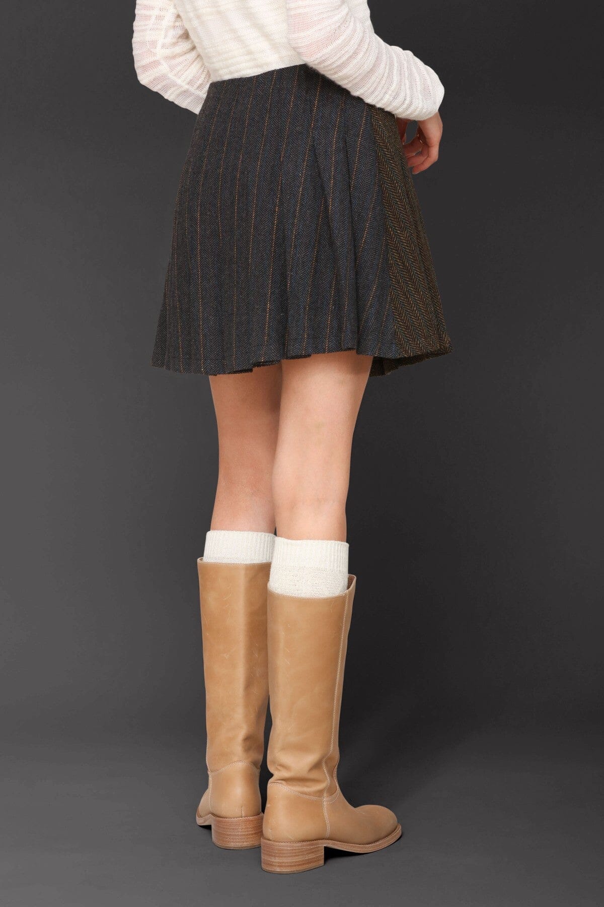 Mixed brown navy multi-pattern pleated mini skirt with knife pleats and side buckle - Cute women's mini skirts by Avec Les Filles