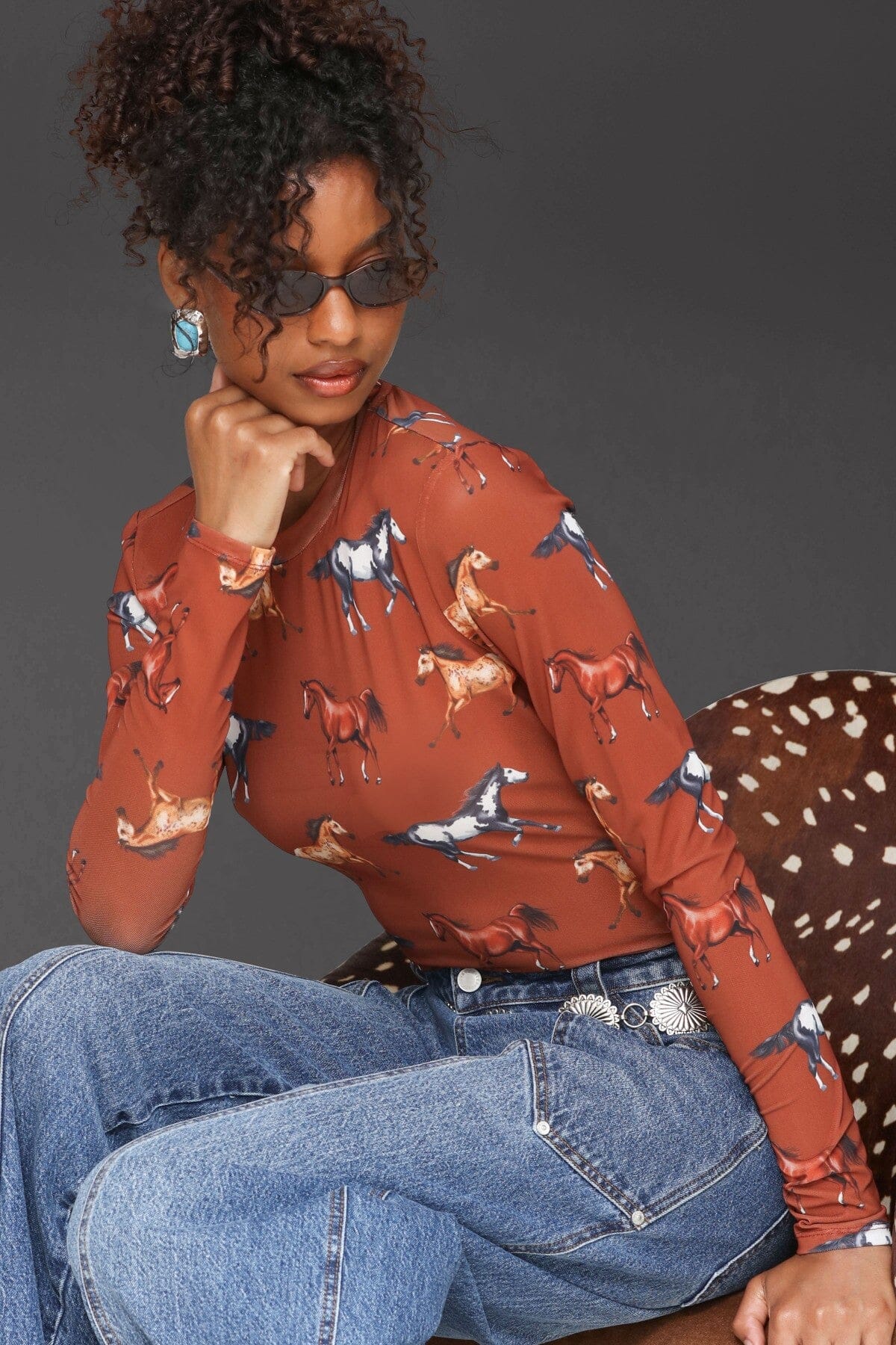 Equine printed mesh long sleeve brown red top with all-over horse print and crew neckline - Cute women's tops by Avec Les Filles