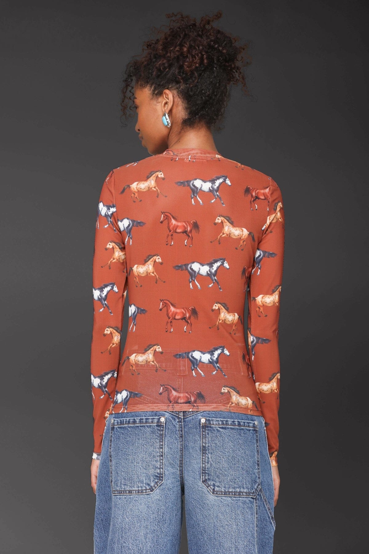 Equine printed mesh long sleeve brown red top with all-over horse print and crew neckline - Cute women's tops by Avec Les Filles