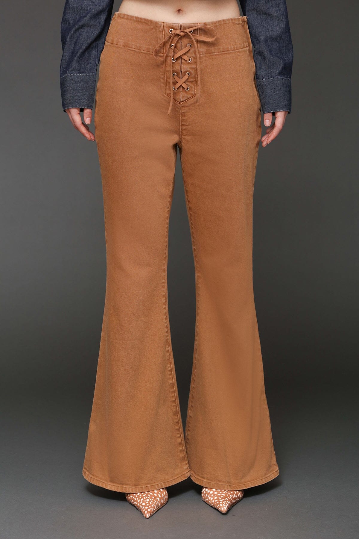Lace up washed cotton high-rise flare brown pants with patch pockets - Cute women's pants by Avec Les Filles