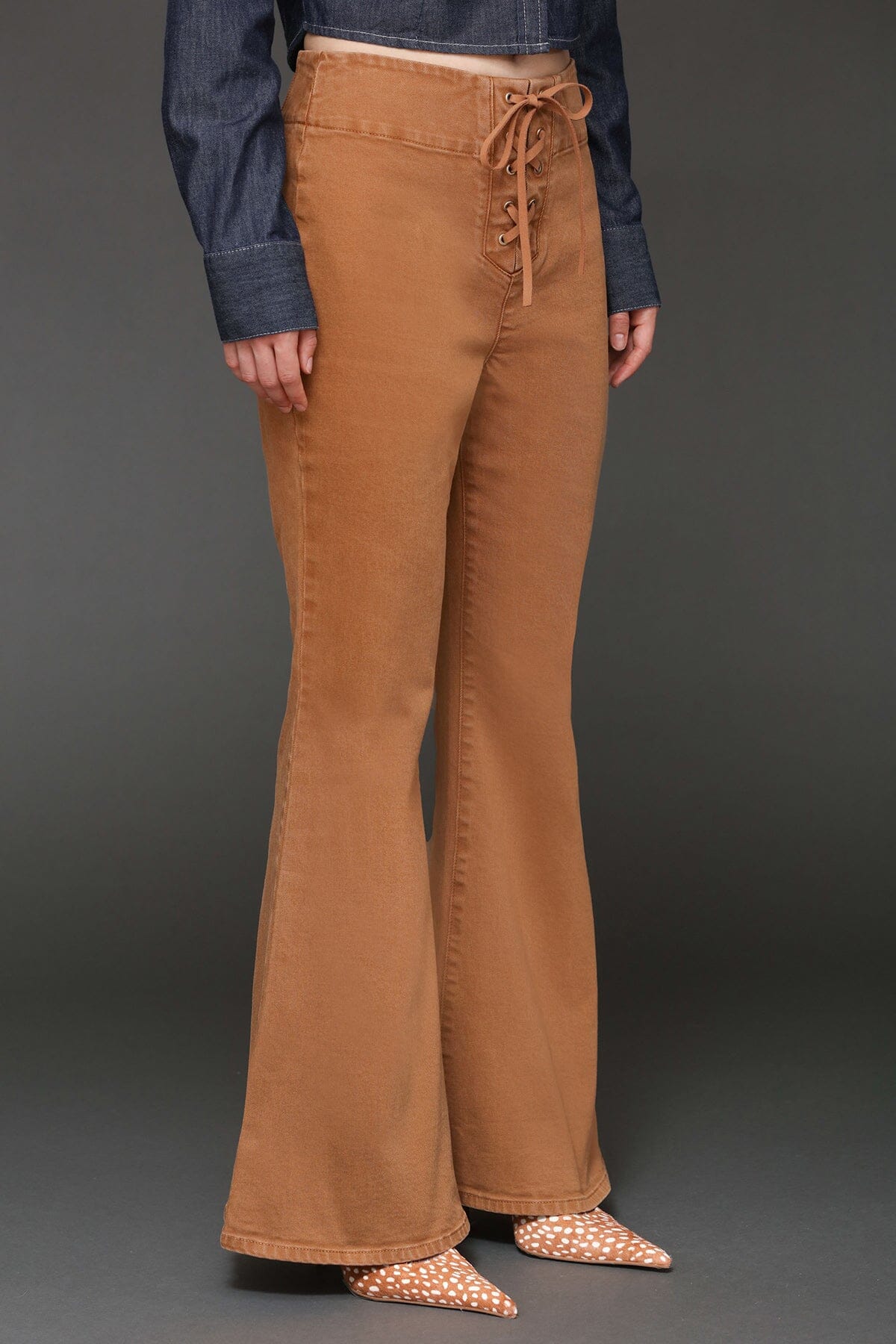 Lace up washed cotton high-rise flare brown pants with patch pockets - Cute women's pants by Avec Les Filles