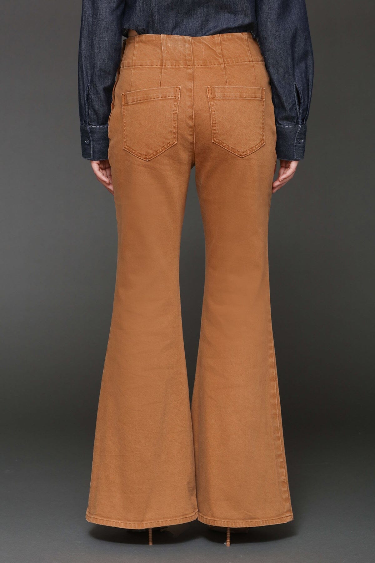 Lace up washed cotton high-rise flare brown pants with patch pockets - Cute women's pants by Avec Les Filles