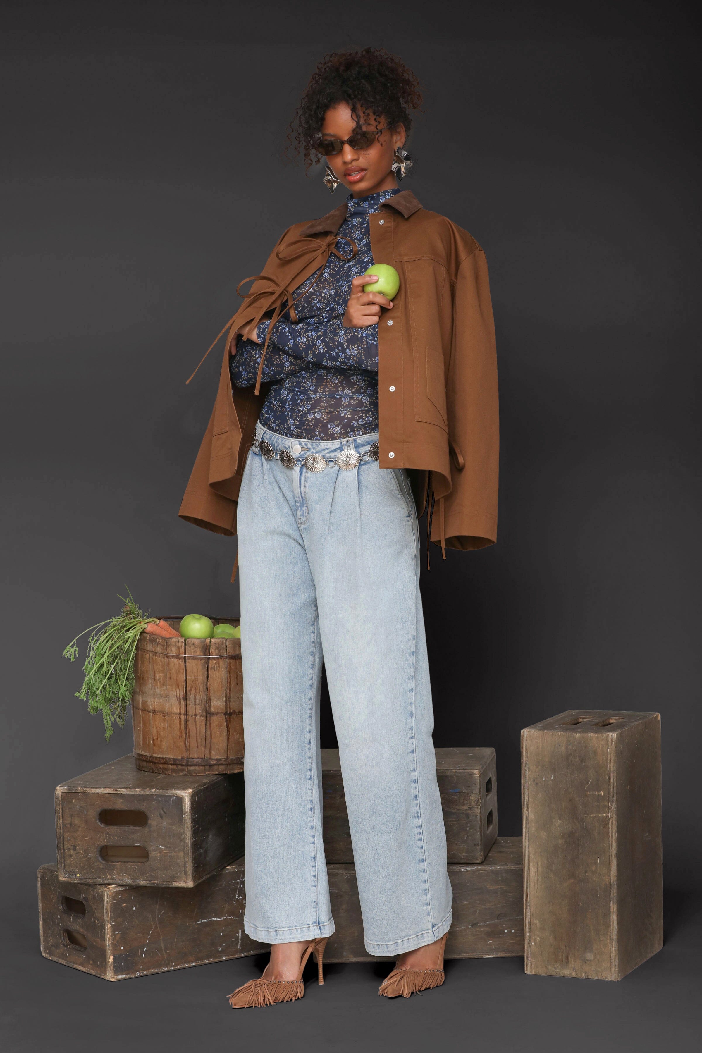Bow front cotton chore brown jacket with long sleeves, snap-front and patch pockets - Cute women's jackets by Avec Les Filles
