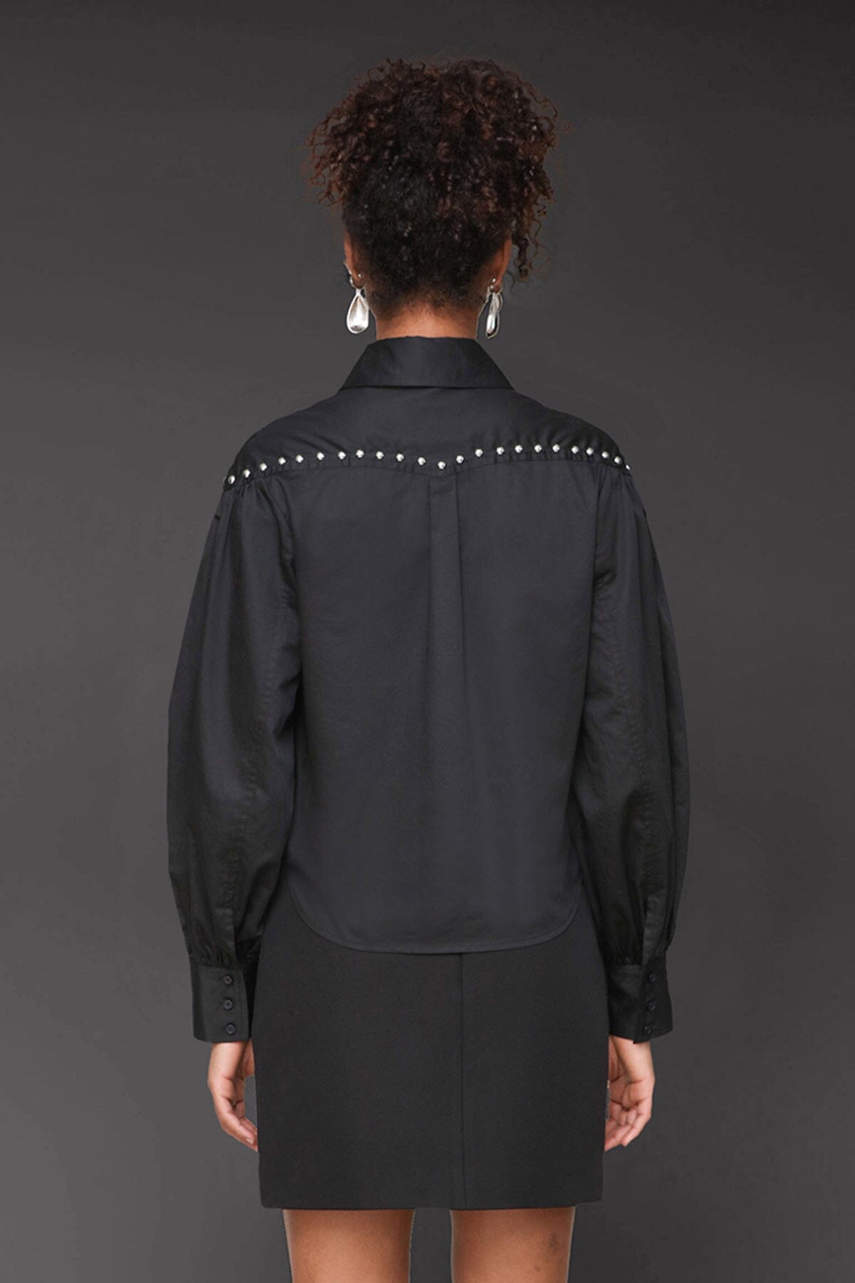 Western-studded cotton black shirt with long sleeves, point collar and button front  - Cute women's shirts by Avec Les Filles