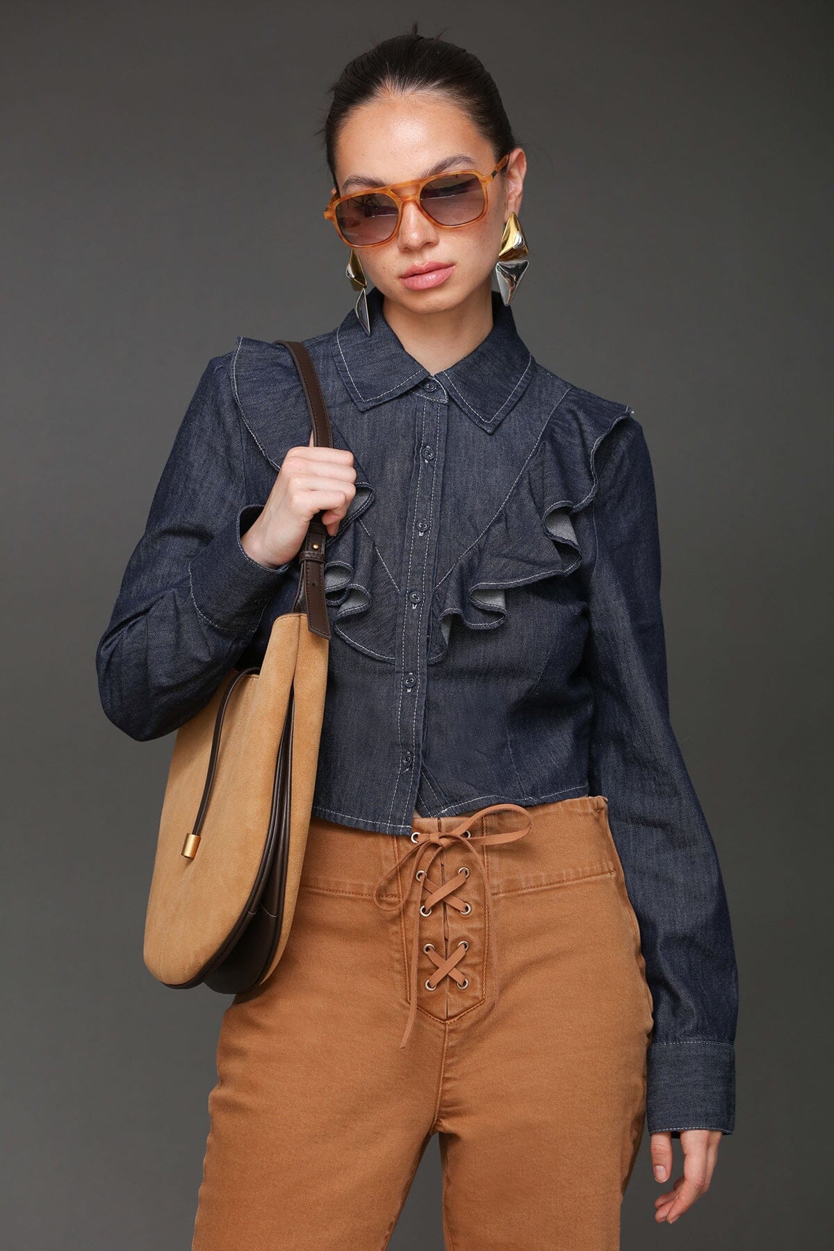 Cropped ruffle front indigo denim long sleeves cotton shirt with pointed collar and front button - Cute women's shirts by Avec Les Filles