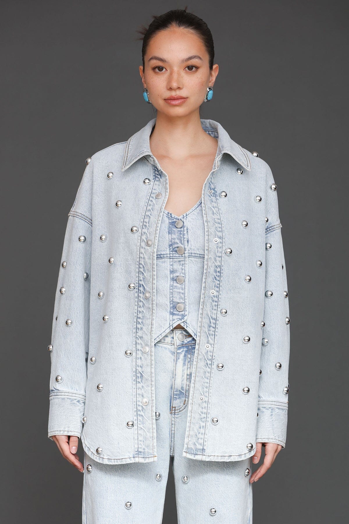 Studded light blue cotton denim oversized shirt jacket with long sleeves and drop shoulders - Cute women's shirt jackets by Avec Les Filles