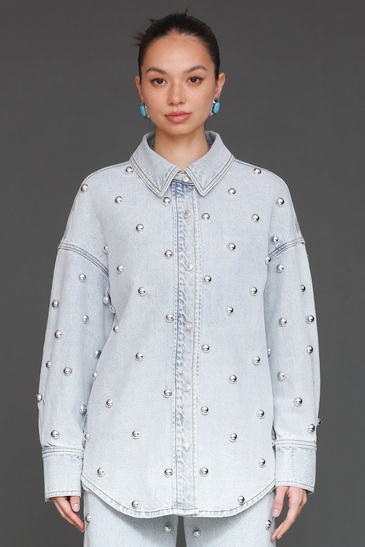 Studded light blue cotton denim oversized shirt jacket with long sleeves and drop shoulders - Cute women's shirt jackets by Avec Les Filles