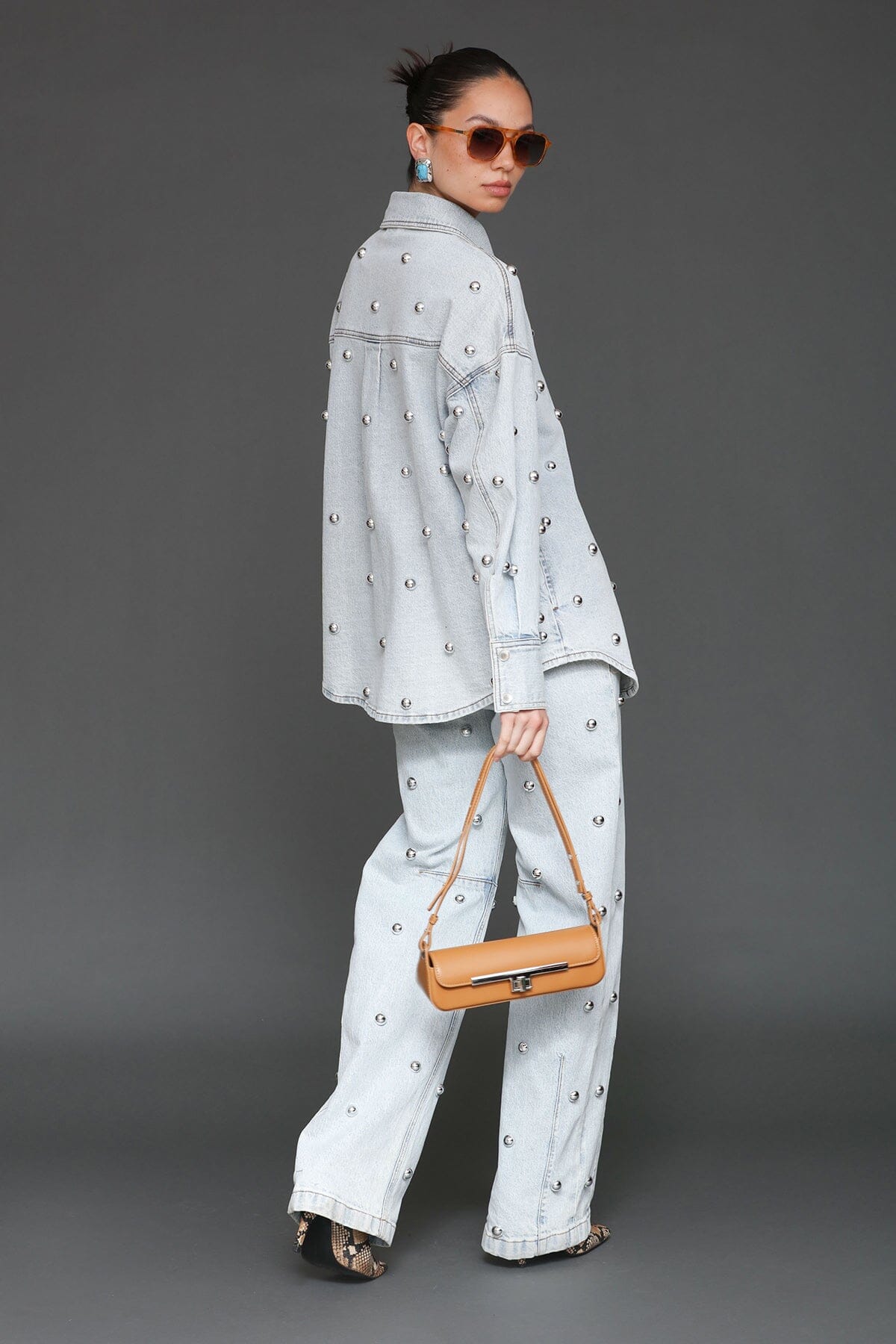 Studded light blue cotton denim oversized shirt jacket with long sleeves and drop shoulders - Cute women's shirt jackets by Avec Les Filles