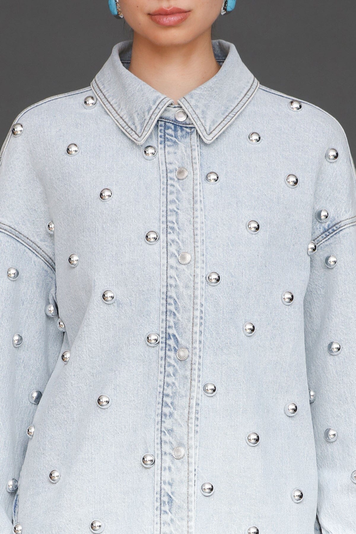 Studded light blue cotton denim oversized shirt jacket with long sleeves and drop shoulders - Cute women's shirt jackets by Avec Les Filles