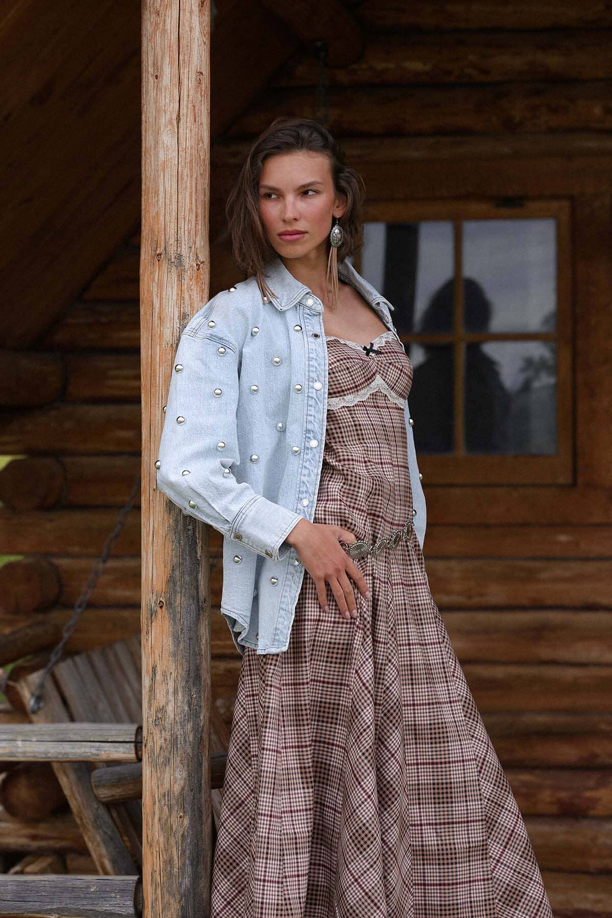 Studded light blue cotton denim oversized shirt jacket with long sleeves and drop shoulders - Cute women's shirt jackets by Avec Les Filles