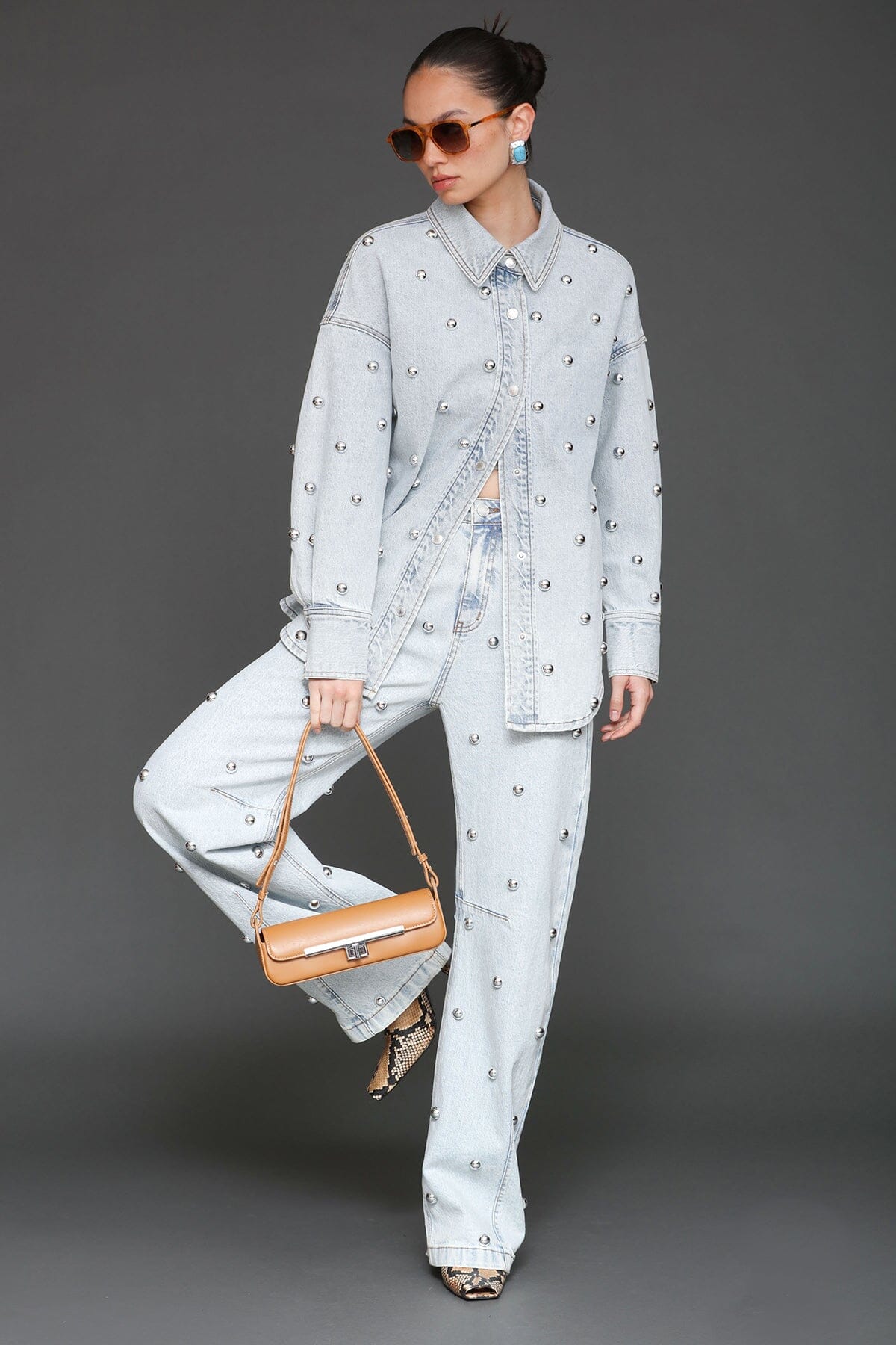 Studded light blue cotton denim oversized shirt jacket with long sleeves and drop shoulders - Cute women's shirt jackets by Avec Les Filles