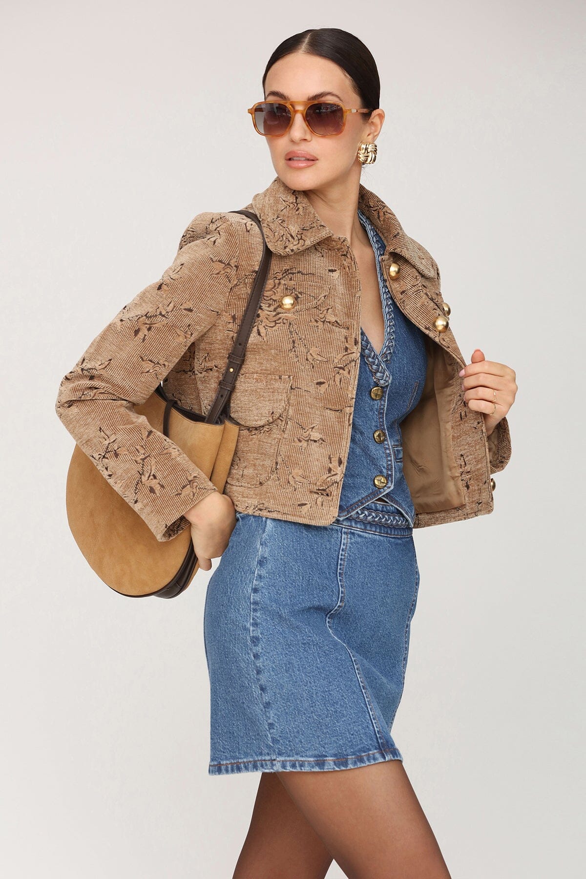 Floral corduroy tailored button front tan jacket with gold-tone buttons and tonal floral embroidery - Cute women's jackets by Avec Les Filles