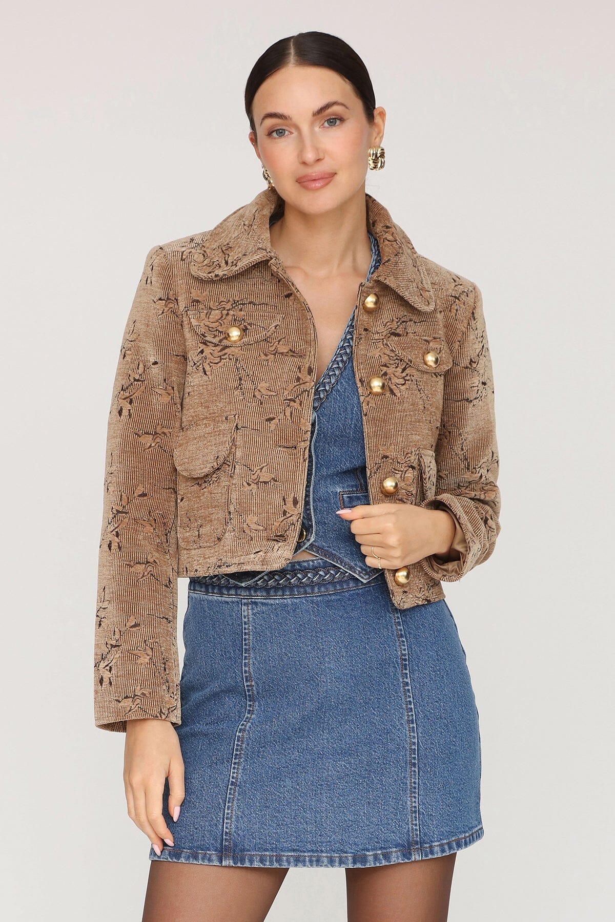 Floral corduroy tailored button front tan jacket with gold-tone buttons and tonal floral embroidery - Cute women's jackets by Avec Les Filles