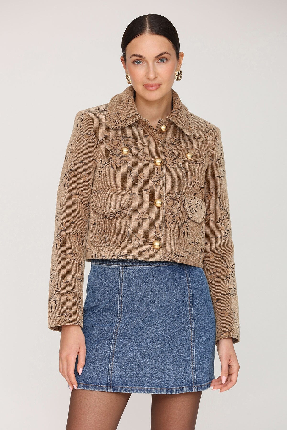 Floral corduroy tailored button front tan jacket with gold-tone buttons and tonal floral embroidery - Cute women's jackets by Avec Les Filles