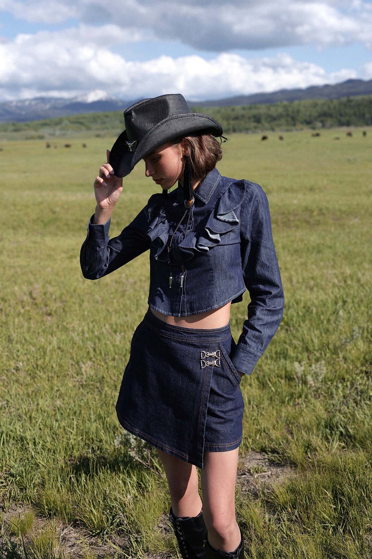 Cotton denim wrap dark blue A-line mini skirt with hidden shorts - Cute women's mini skirts by Avec Les Filles
