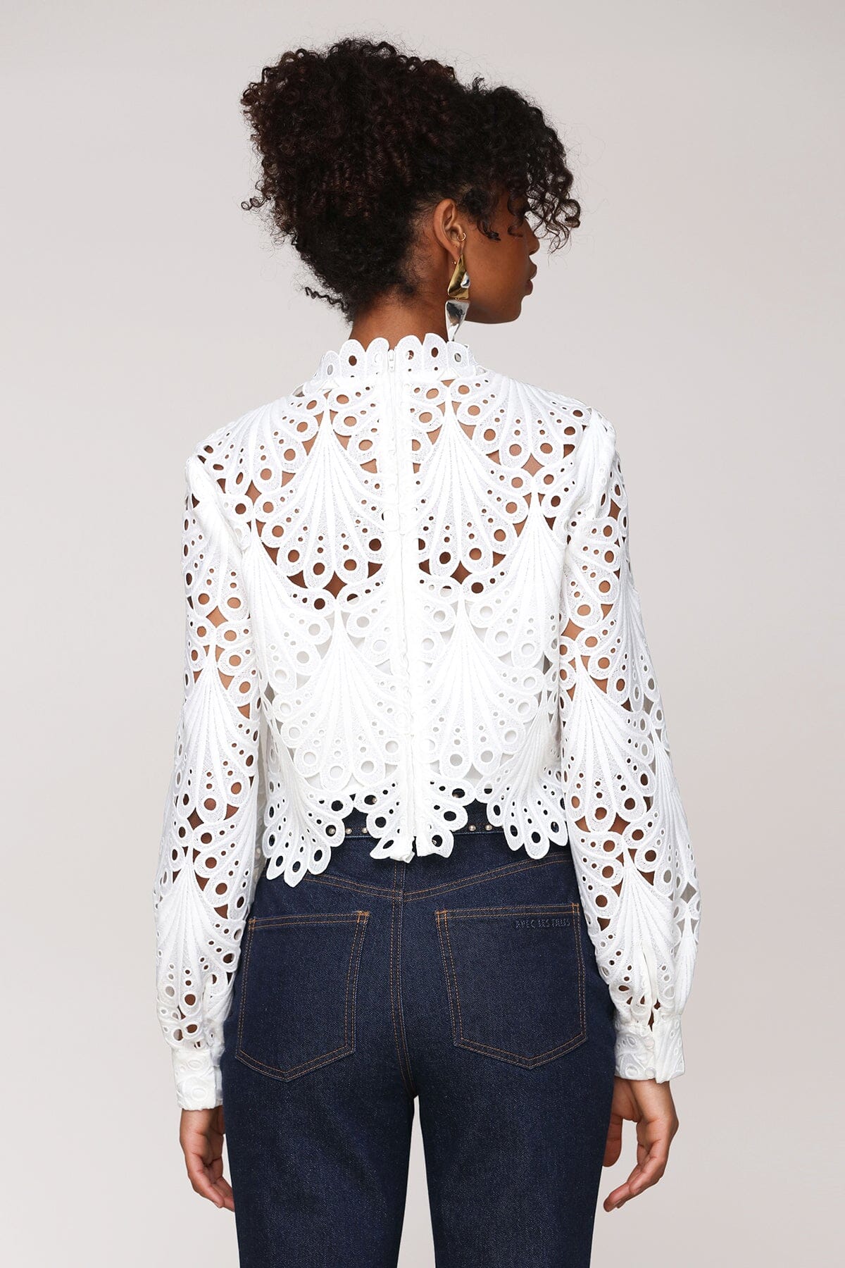 Eyelet embroidered white cropped blouse with scalloped neckline, long puff sleeves and wide buttoned cuffs - Cute women's tops by Avec Les Filles