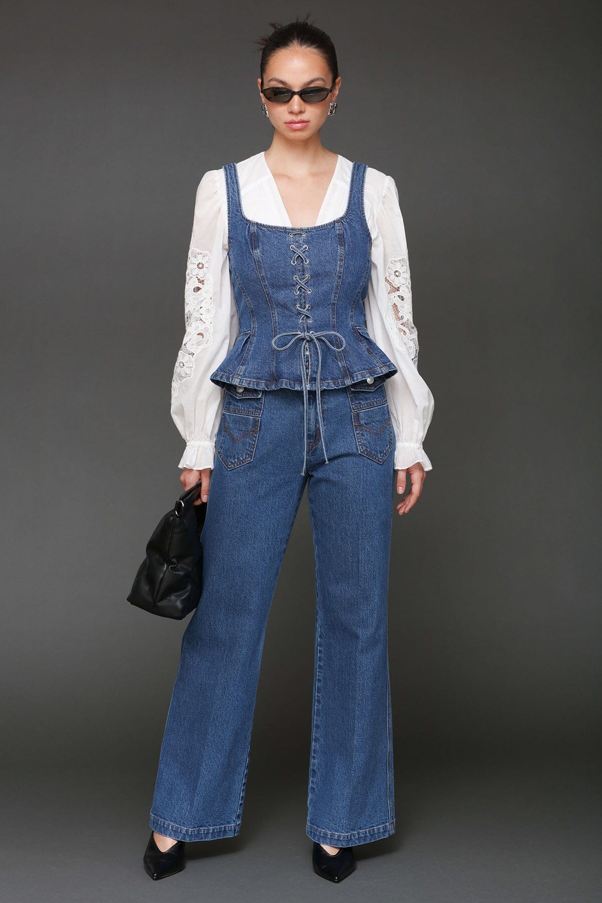 Patch pocket wide leg cotton blue flared jeans - Cute women's jeans by Avec Les Filles