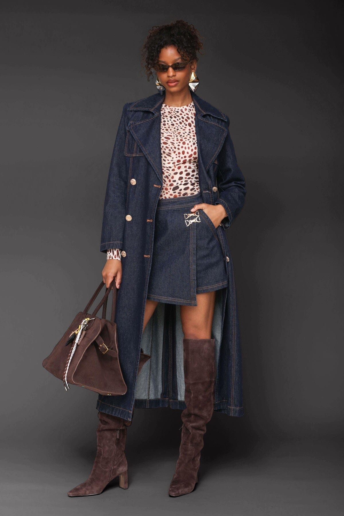 Indigo blue cotton blend denim double-breasted trench coat with waist tie belt and wide notch lapels - Cute women's trench coats by Avec Les Filles
