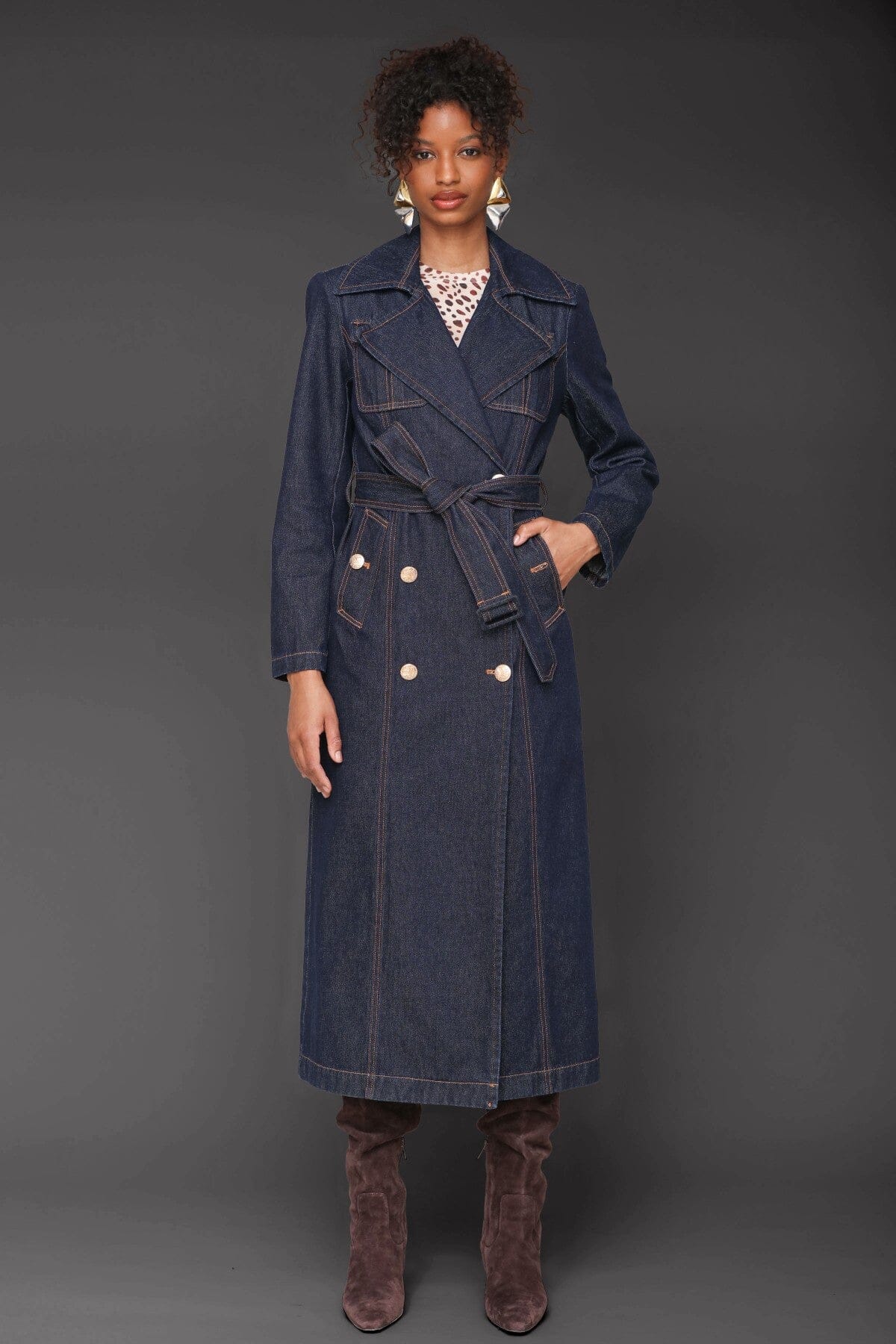 Indigo blue cotton blend denim double-breasted trench coat with waist tie belt and wide notch lapels - Cute women's trench coats by Avec Les Filles