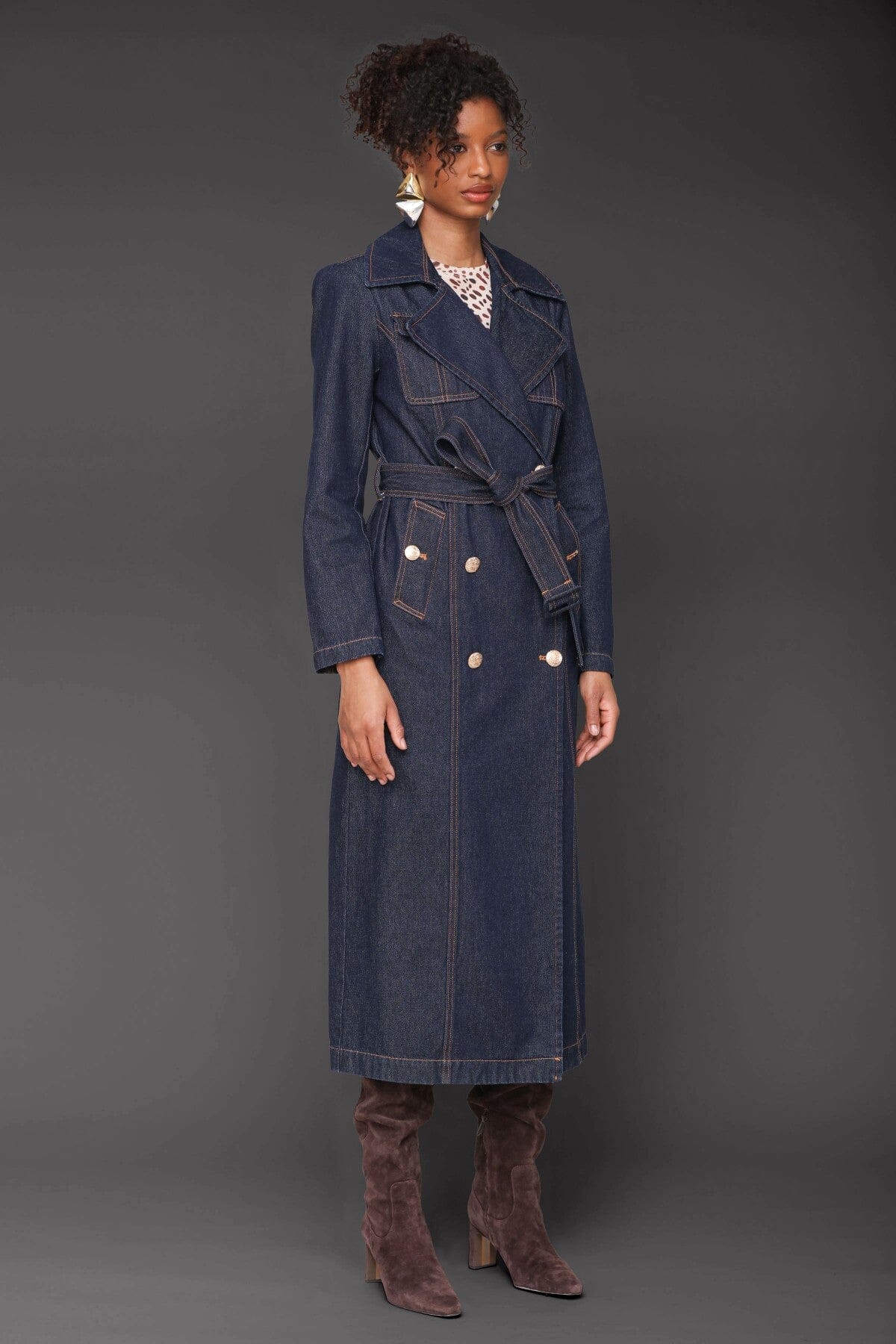 Indigo blue cotton blend denim double-breasted trench coat with waist tie belt and wide notch lapels - Cute women's trench coats by Avec Les Filles
