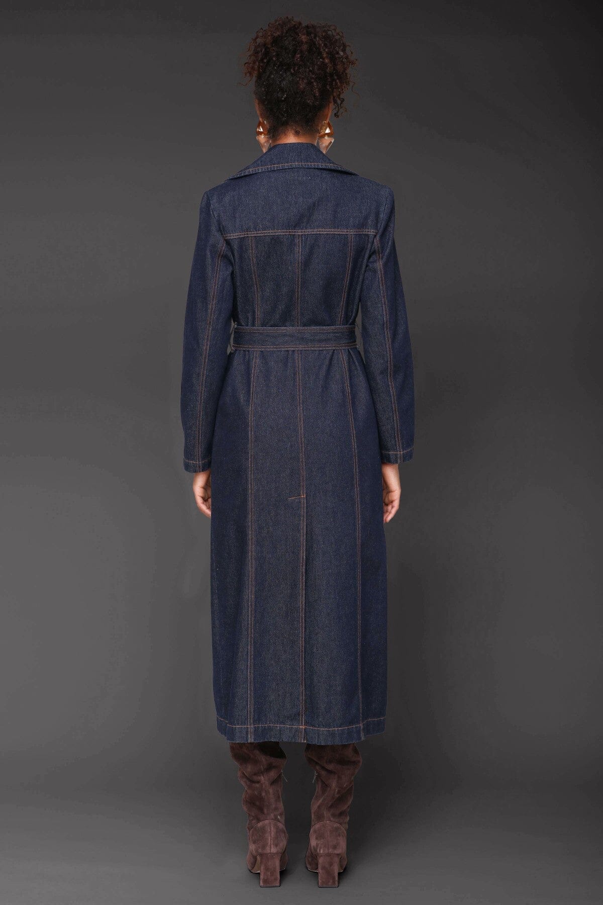 Indigo blue cotton blend denim double-breasted trench coat with waist tie belt and wide notch lapels - Cute women's trench coats by Avec Les Filles