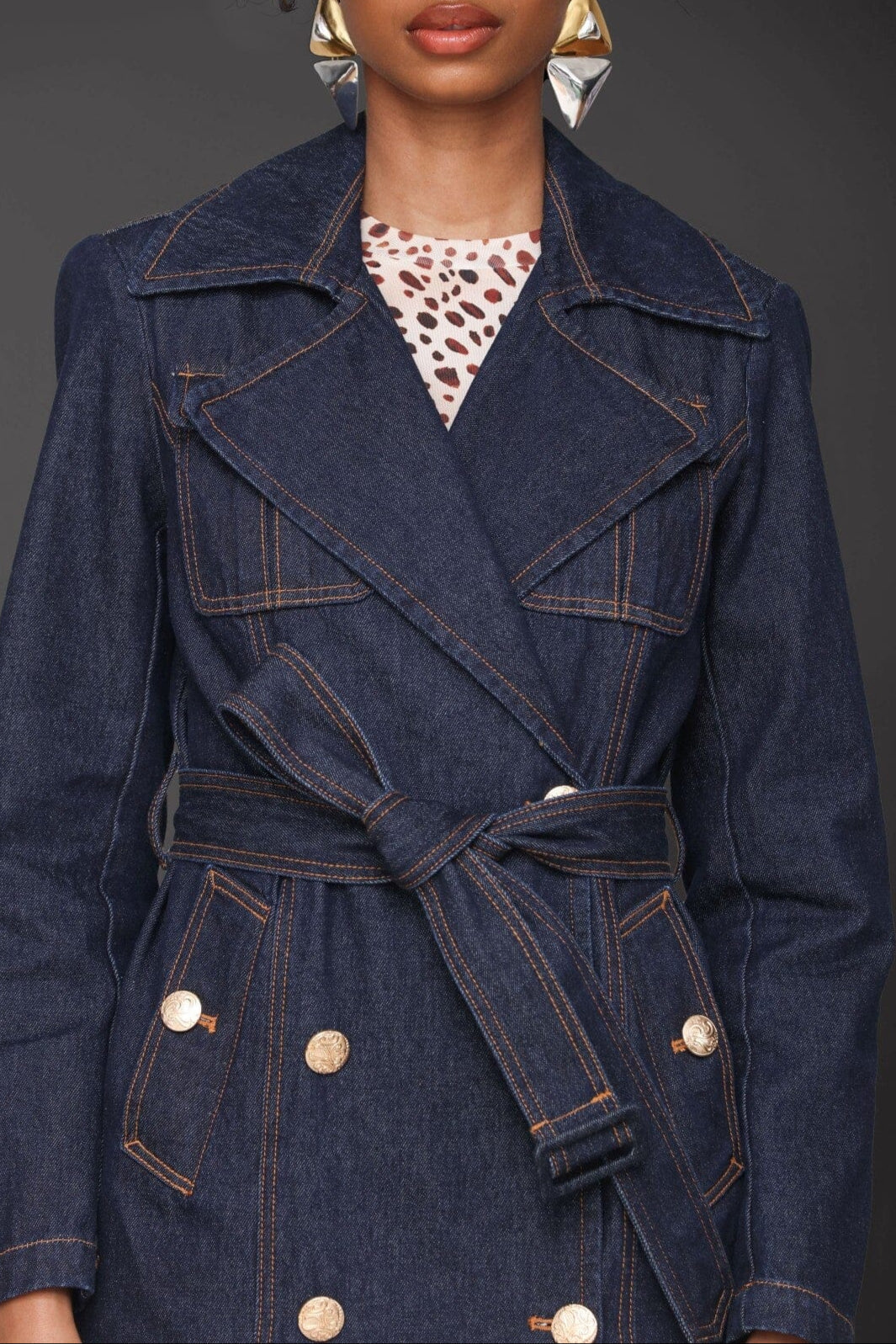 Indigo blue cotton blend denim double-breasted trench coat with waist tie belt and wide notch lapels - Cute women's trench coats by Avec Les Filles