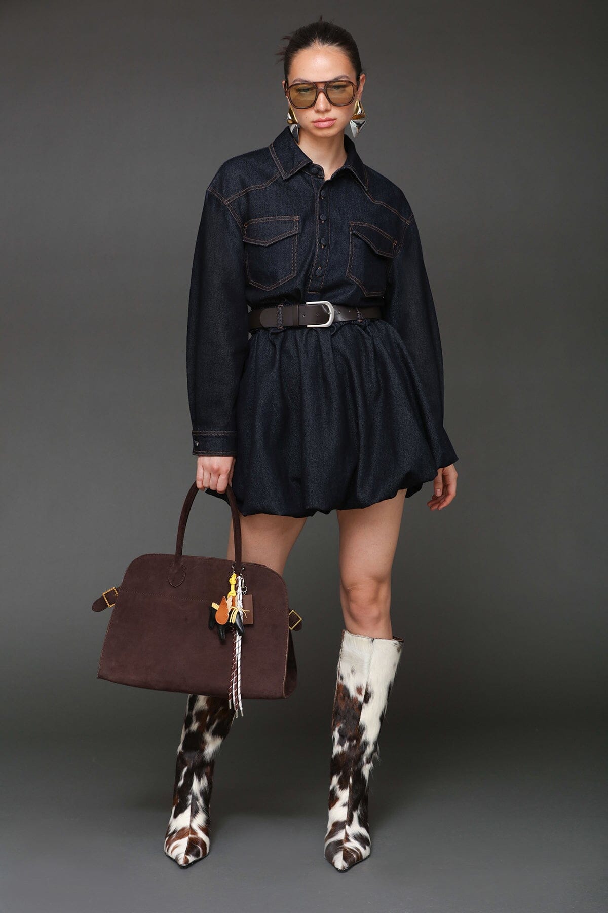 Cotton denim bubble hem dark blue shirtdress with drop shoulders and detachable faux leather belt - Cute women's shirt dresses by Avec Les Filles