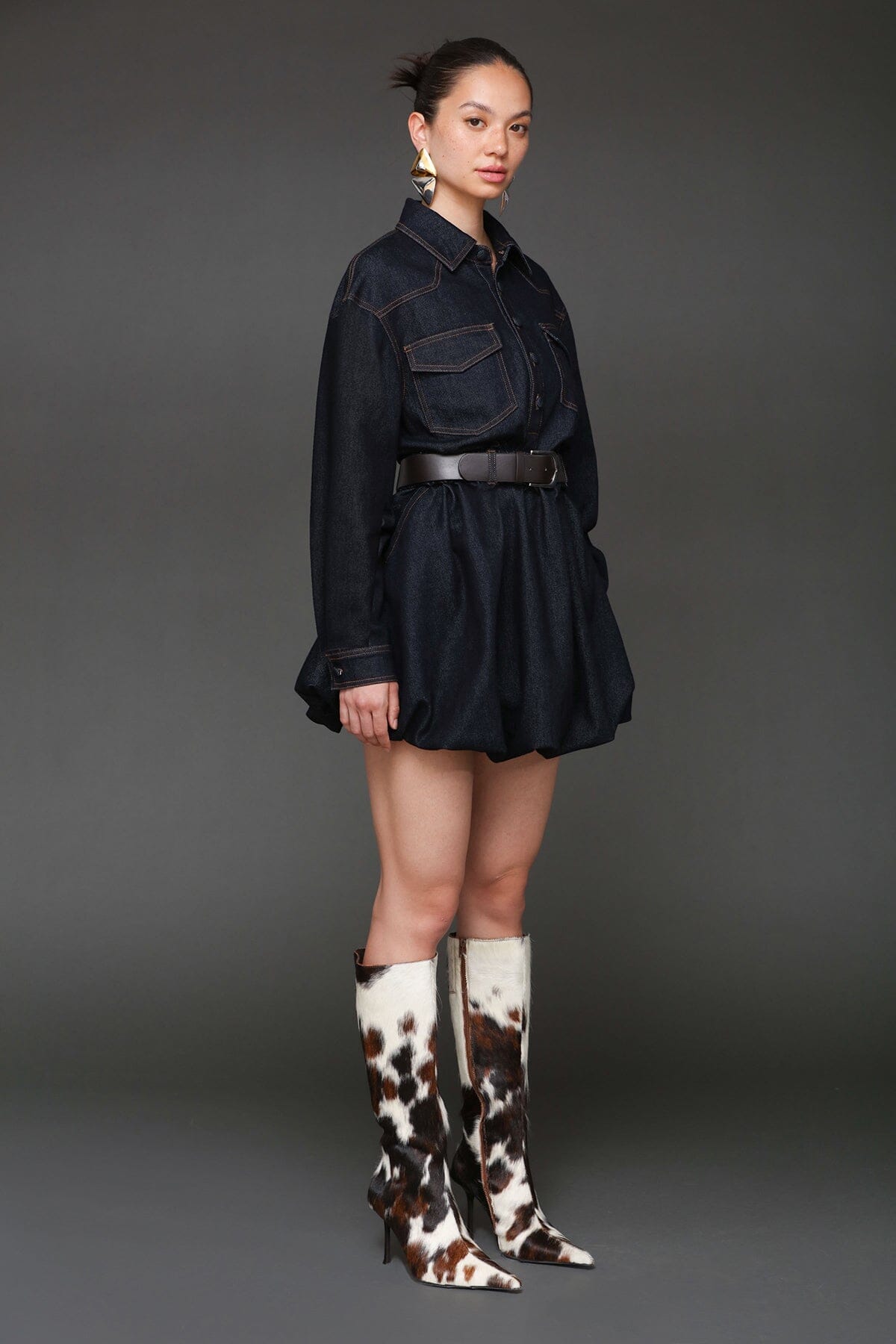 Cotton denim bubble hem dark blue shirtdress with drop shoulders and detachable faux leather belt - Cute women's shirt dresses by Avec Les Filles