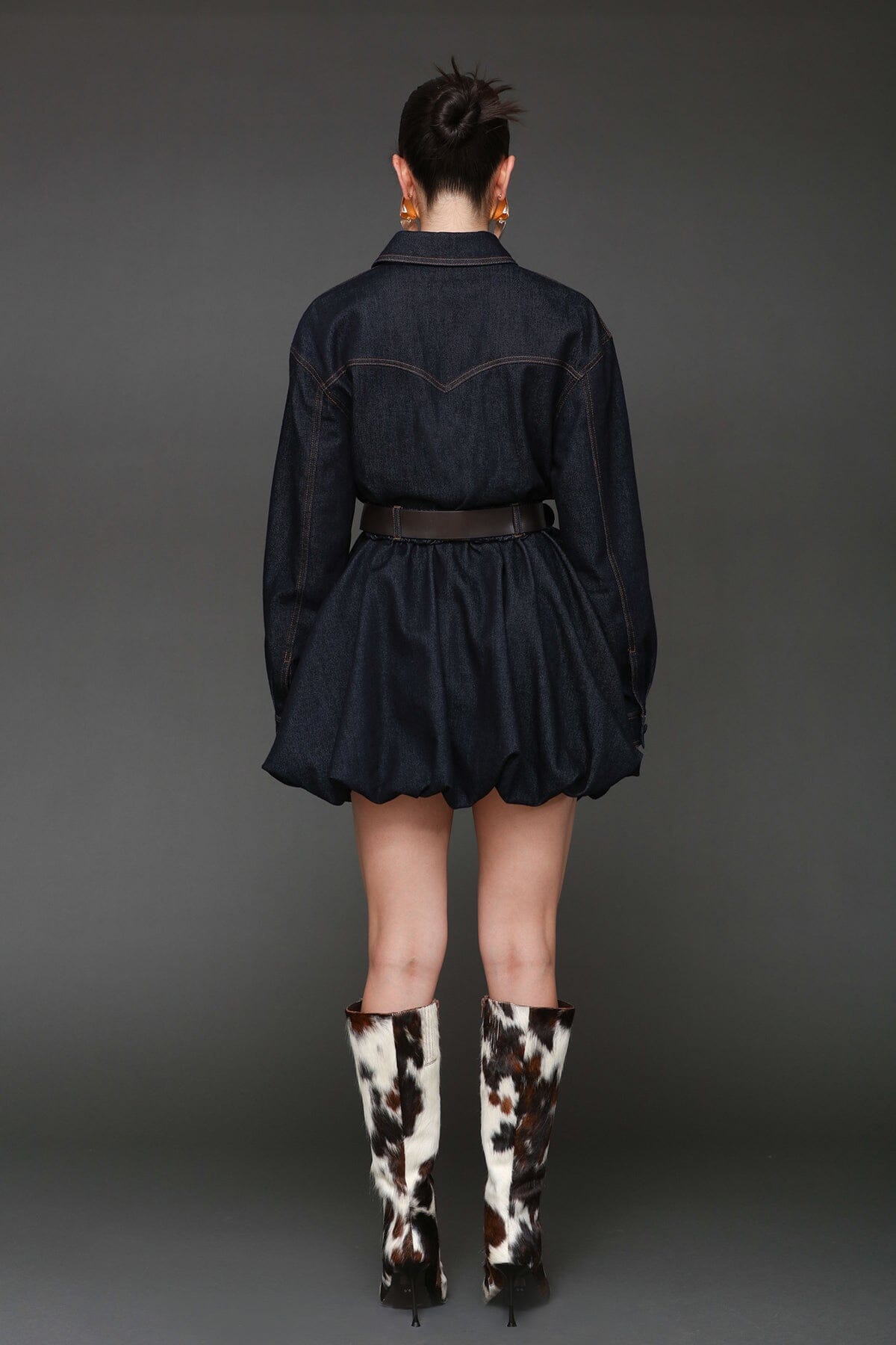 Cotton denim bubble hem dark blue shirtdress with drop shoulders and detachable faux leather belt - Cute women's shirt dresses by Avec Les Filles