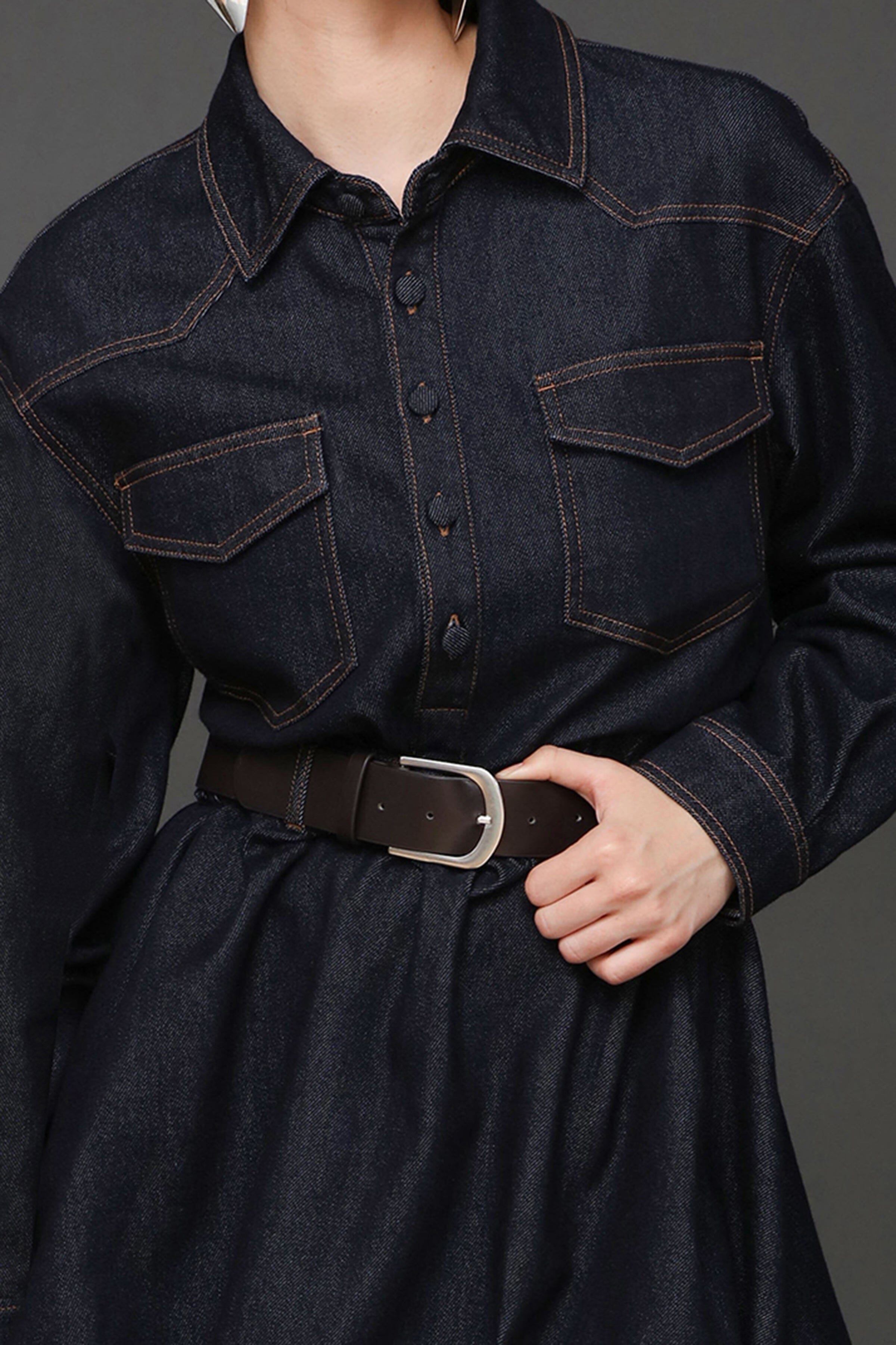 Cotton denim bubble hem dark blue shirtdress with drop shoulders and detachable faux leather belt - Cute women's shirt dresses by Avec Les Filles